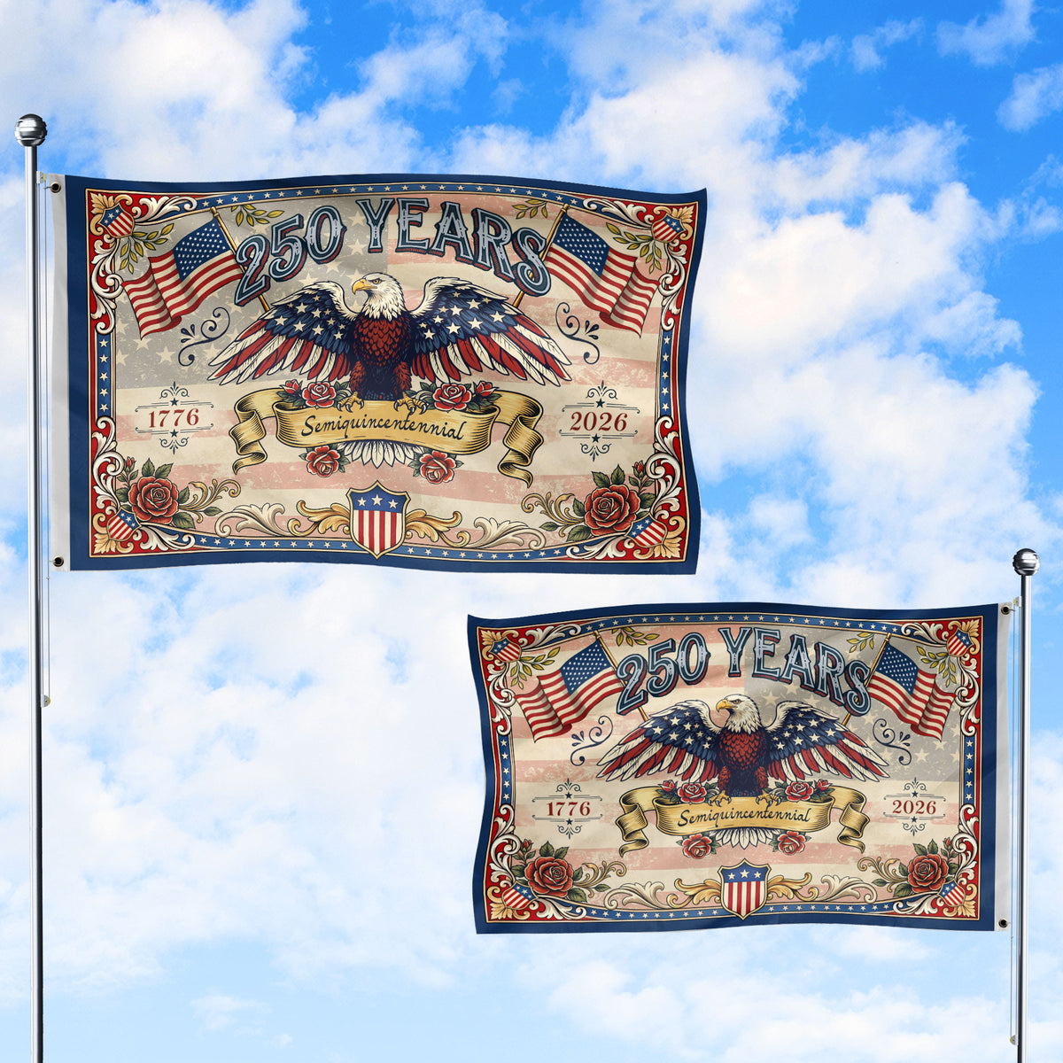 USA 250 Years Commemorative Flag - Vintage Eagle and Roses Patriotic Outdoor Banner - Rust Field Wear