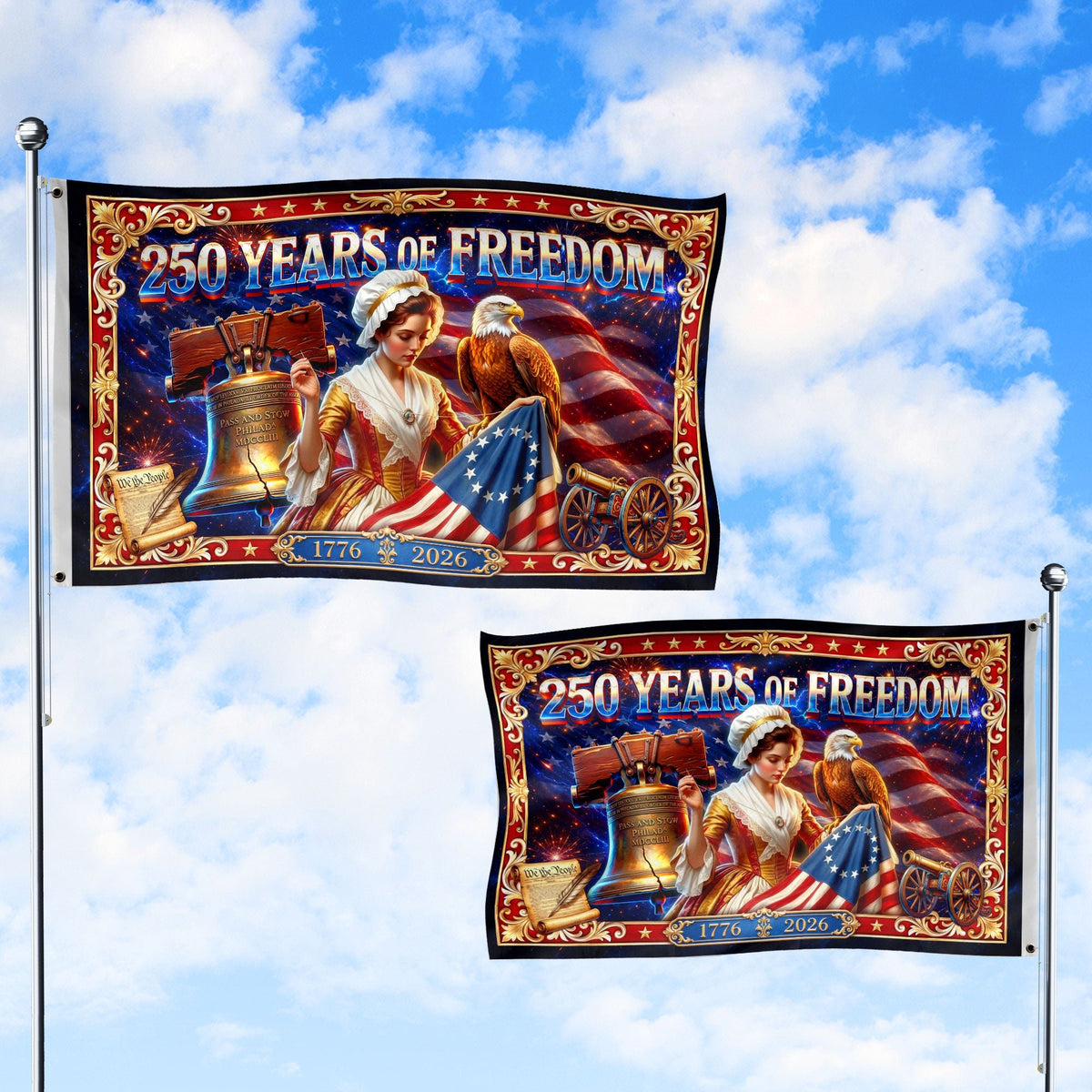 USA 250 Years of Freedom Flag - Betsy Ross & Liberty Bell Patriotic Banner 1776-2026 - Rust Field Wear