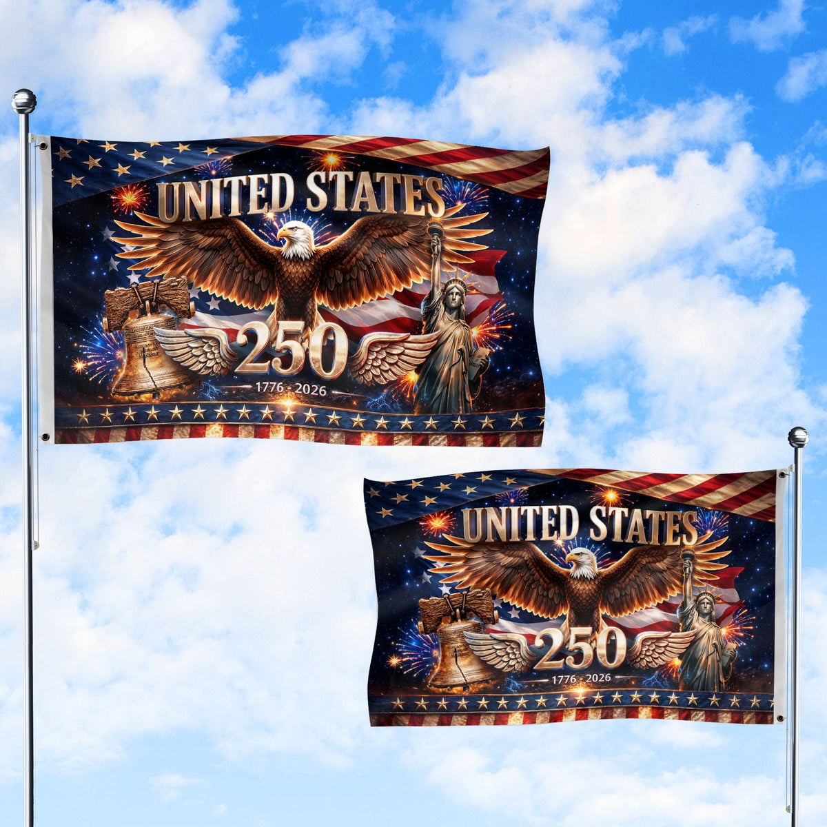 United States 250 Years Flag - Iconic Liberty Bell & Statue of Liberty Patriotic Banner - Rust Field Wear