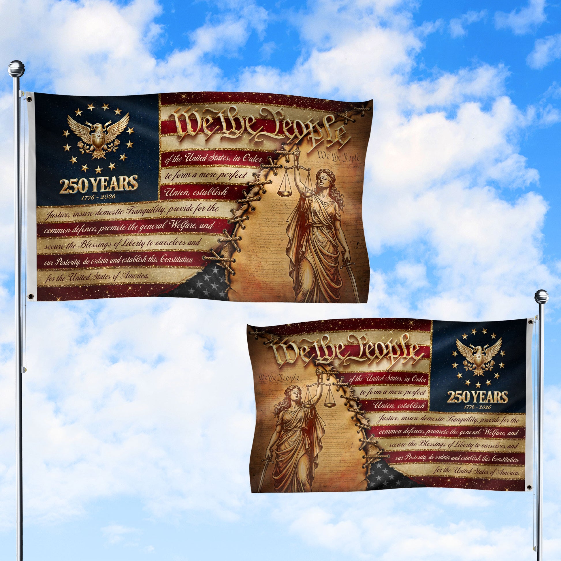 250 Years 1776-2026 Flag We The People Preamble Constitution Lady Justice Patriotic Banner - Rust Field Wear