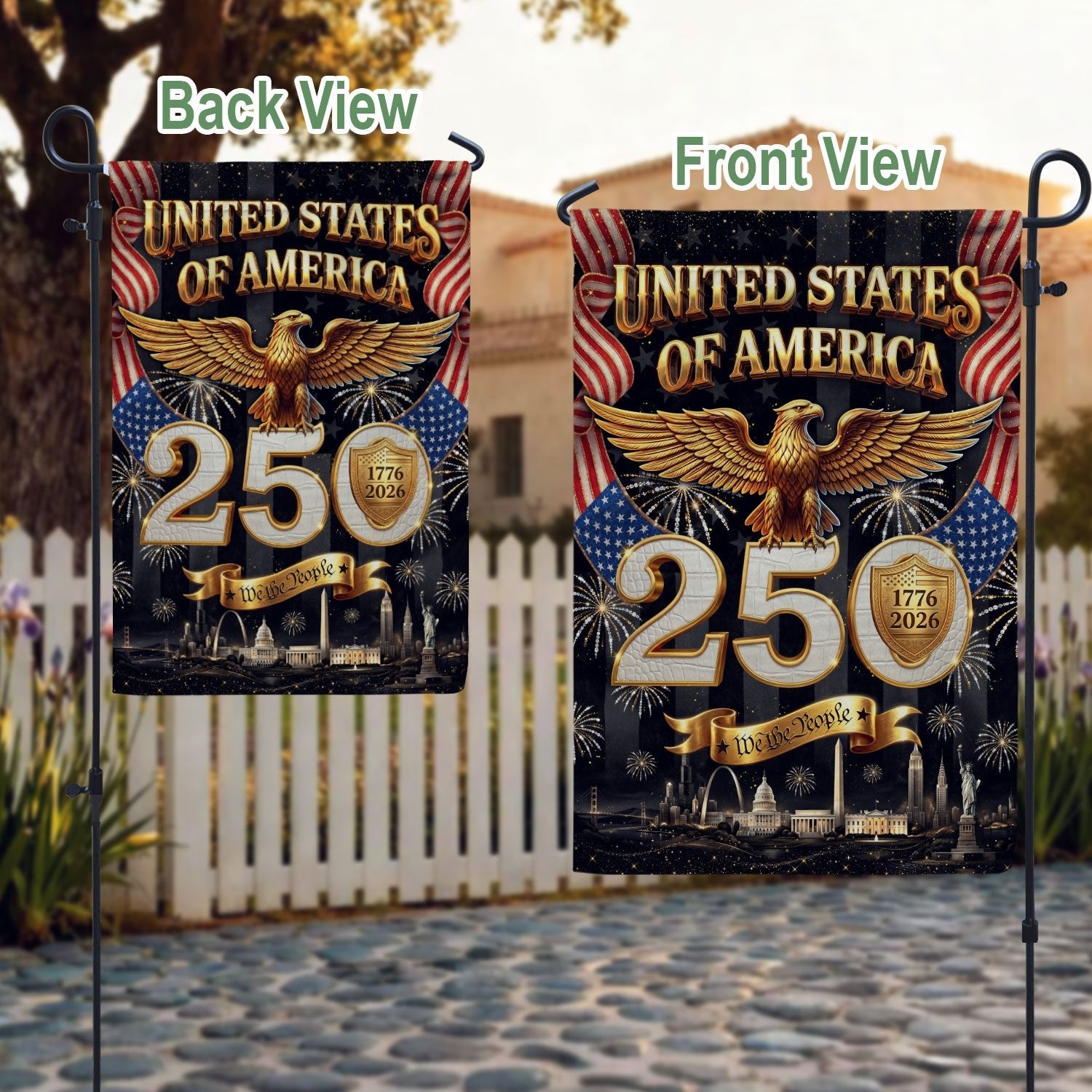 USA 250 Years Garden Flag - Golden Eagle & City Skyline Patriotic Decor 1776-2026 - Rust Field Wear
