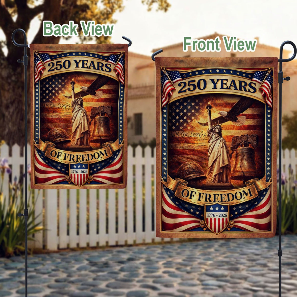 250 Years of Freedom House Flag 1776-2026 Patriotic Symbols Banner Decor - Rust Field Wear