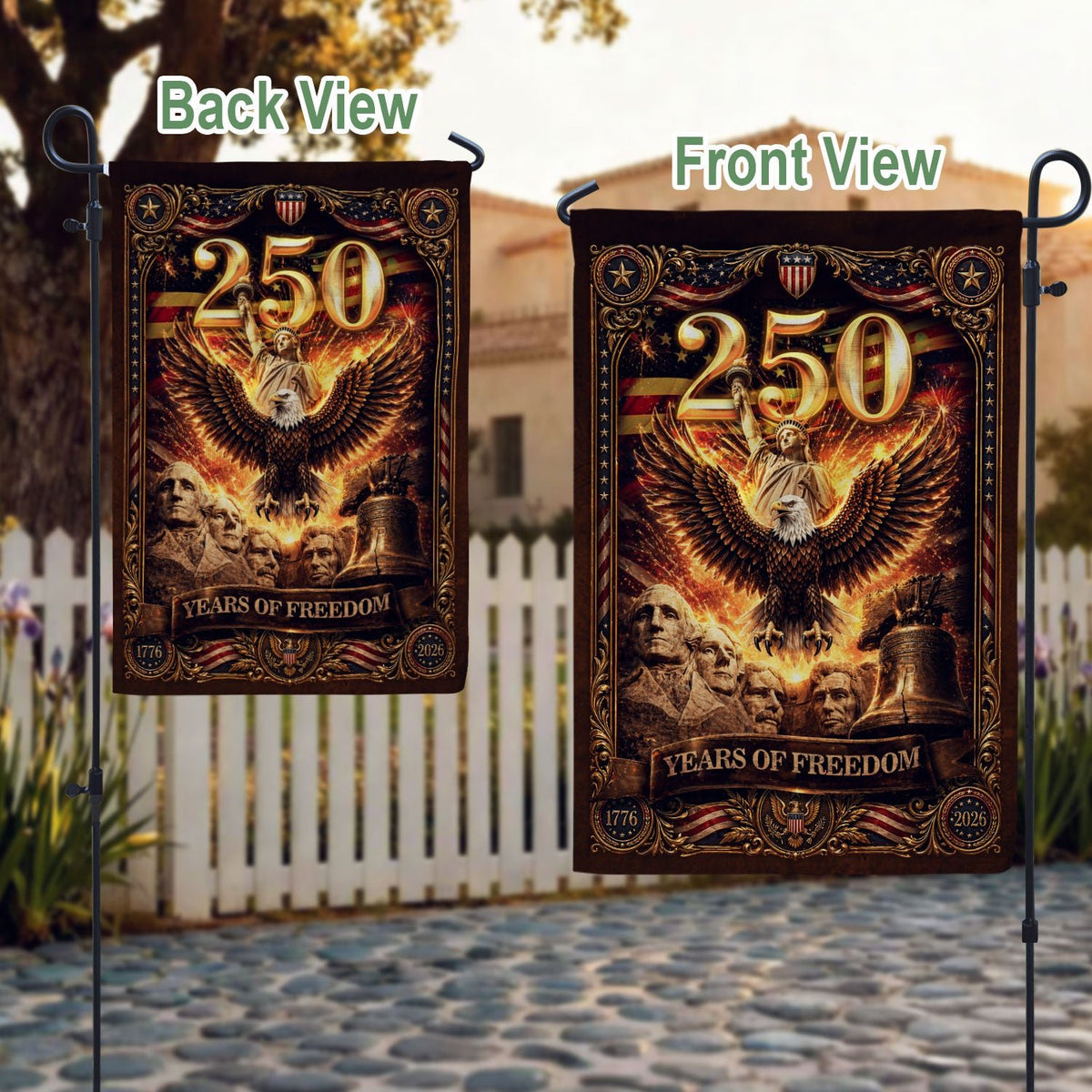 250 Years of Freedom Garden Flag 1776-2026 Patriotic Statue of Liberty Eagle - Rust Field Wear