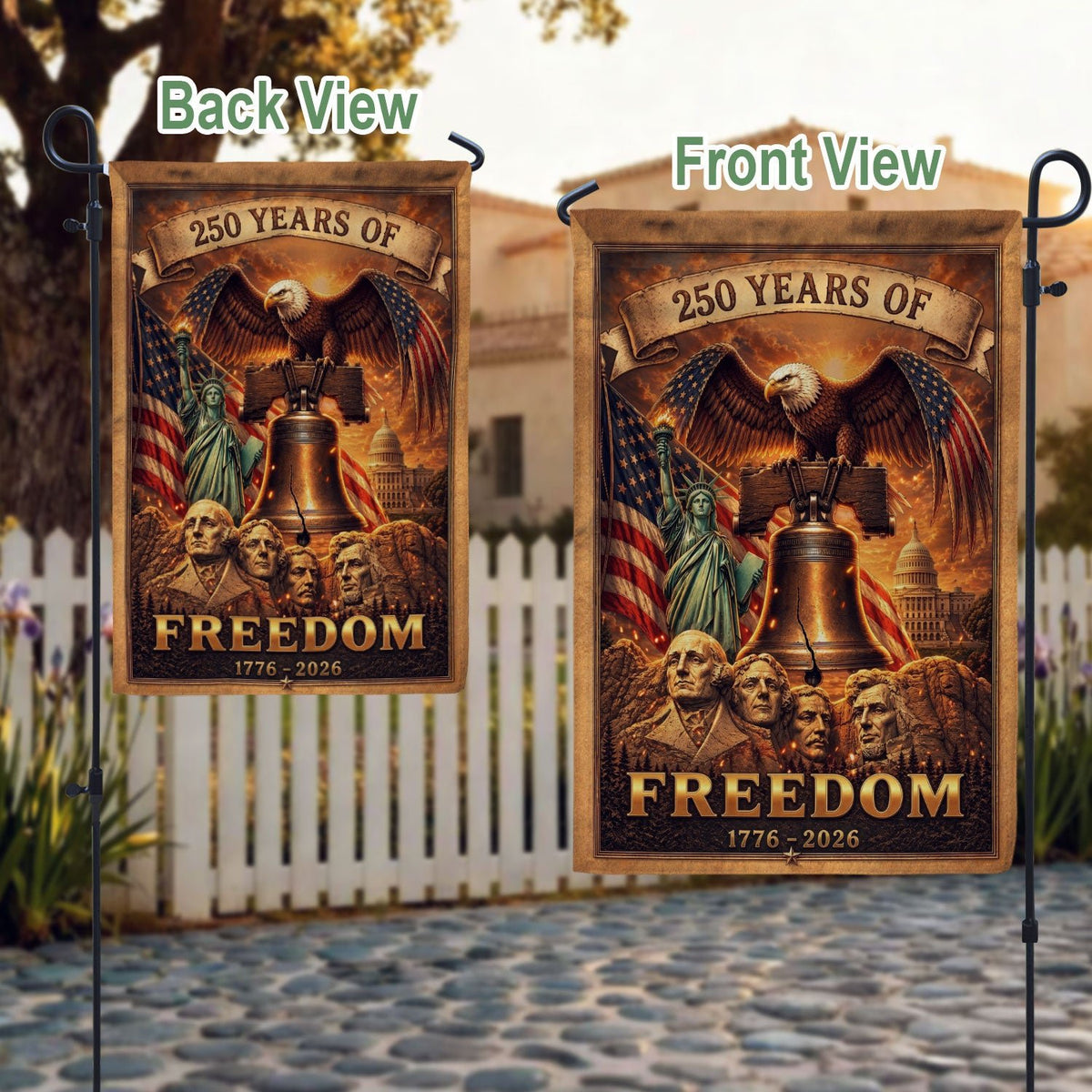 USA 250 Years of Freedom House Flag - Mt. Rushmore & Liberty Icons Patriotic Banner - Rust Field Wear