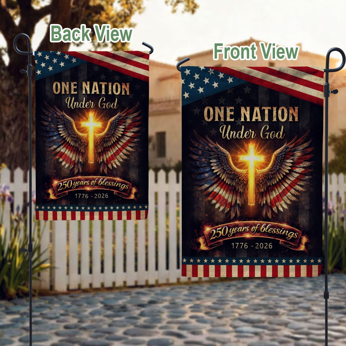 250th Anniversary House Flag One Nation Under God Cross Patriotic Banner 1776-2026 - Rust Field Wear
