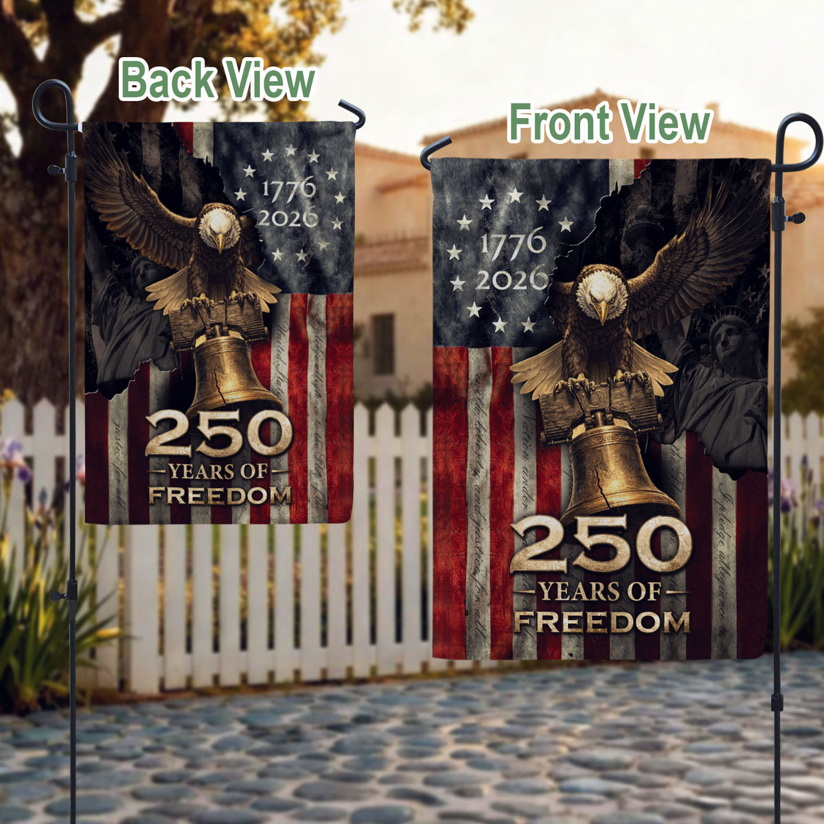 250th Anniversary House Flag - United States Eagle and Liberty Bell Patriotic Banner - Rust Field Wear