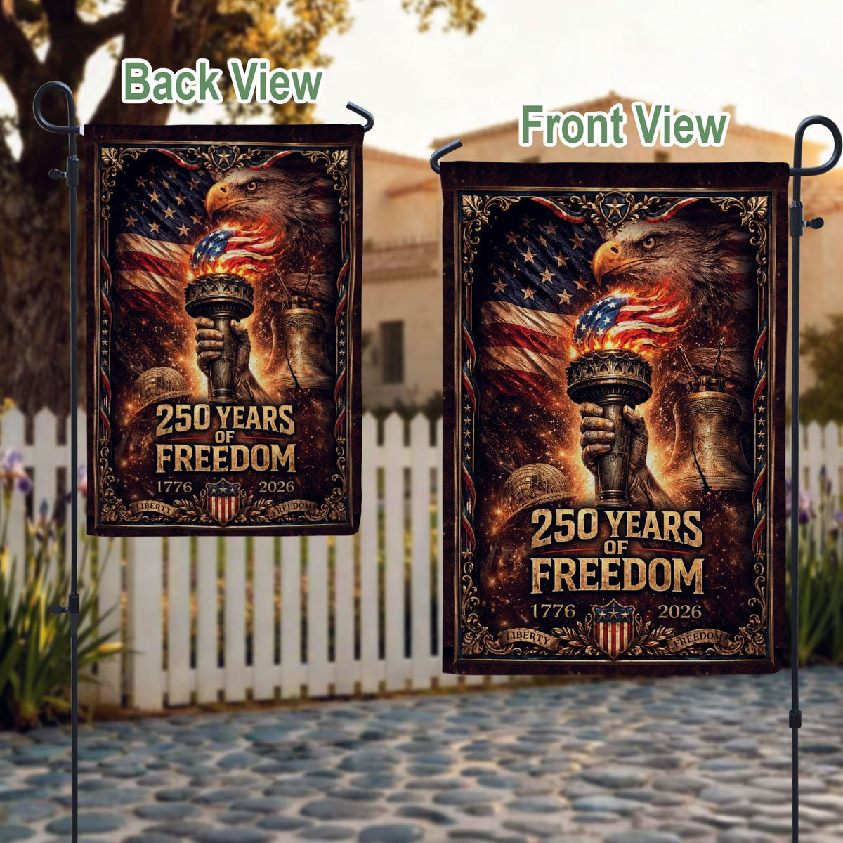 250 Years of Freedom Garden Flag - USA Torch & Eagle Patriotic Outdoor Decor 1776-2026 - Rust Field Wear