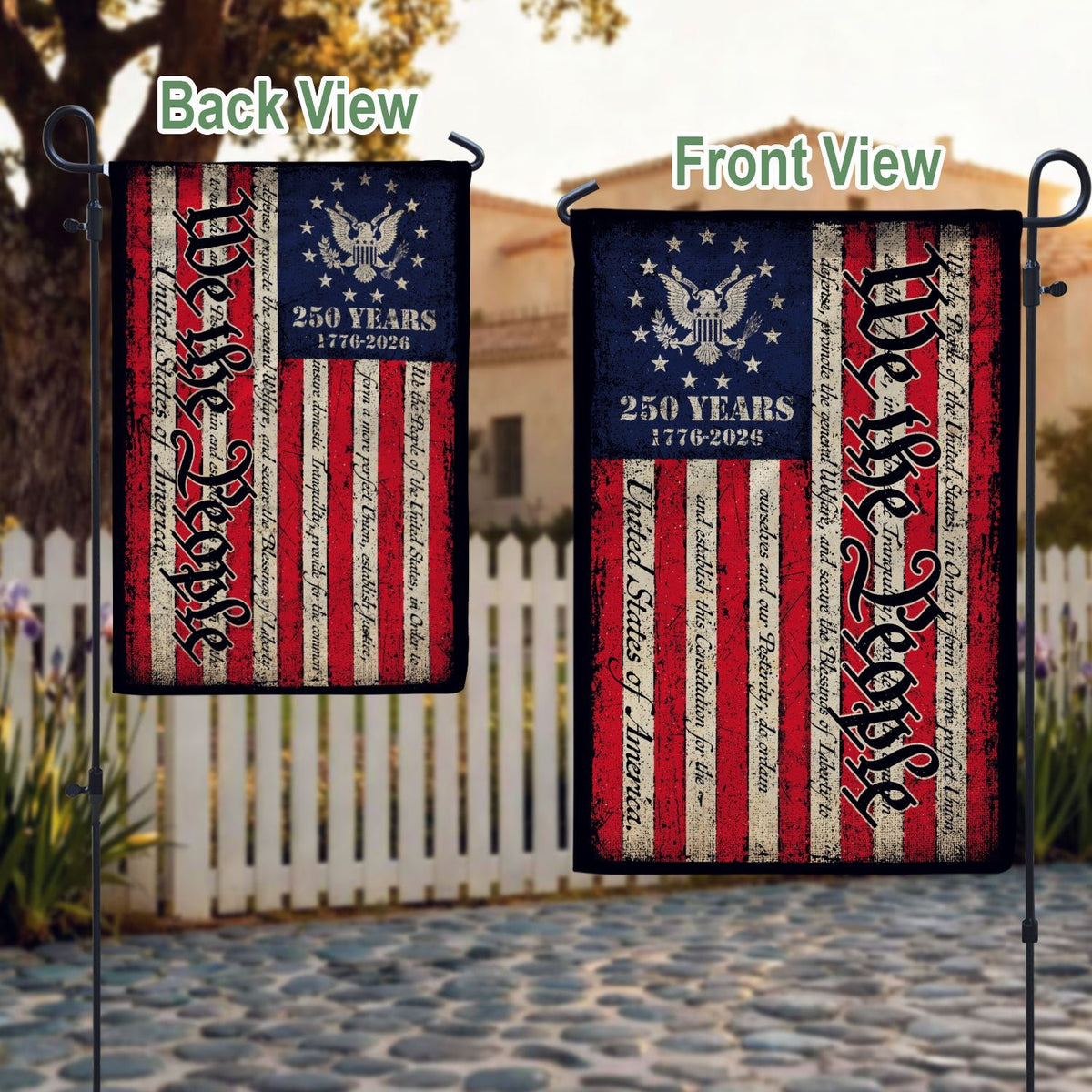 250th Anniversary United States House Flag - Constitution Script Patriotic Home Banner - Rust Field Wear