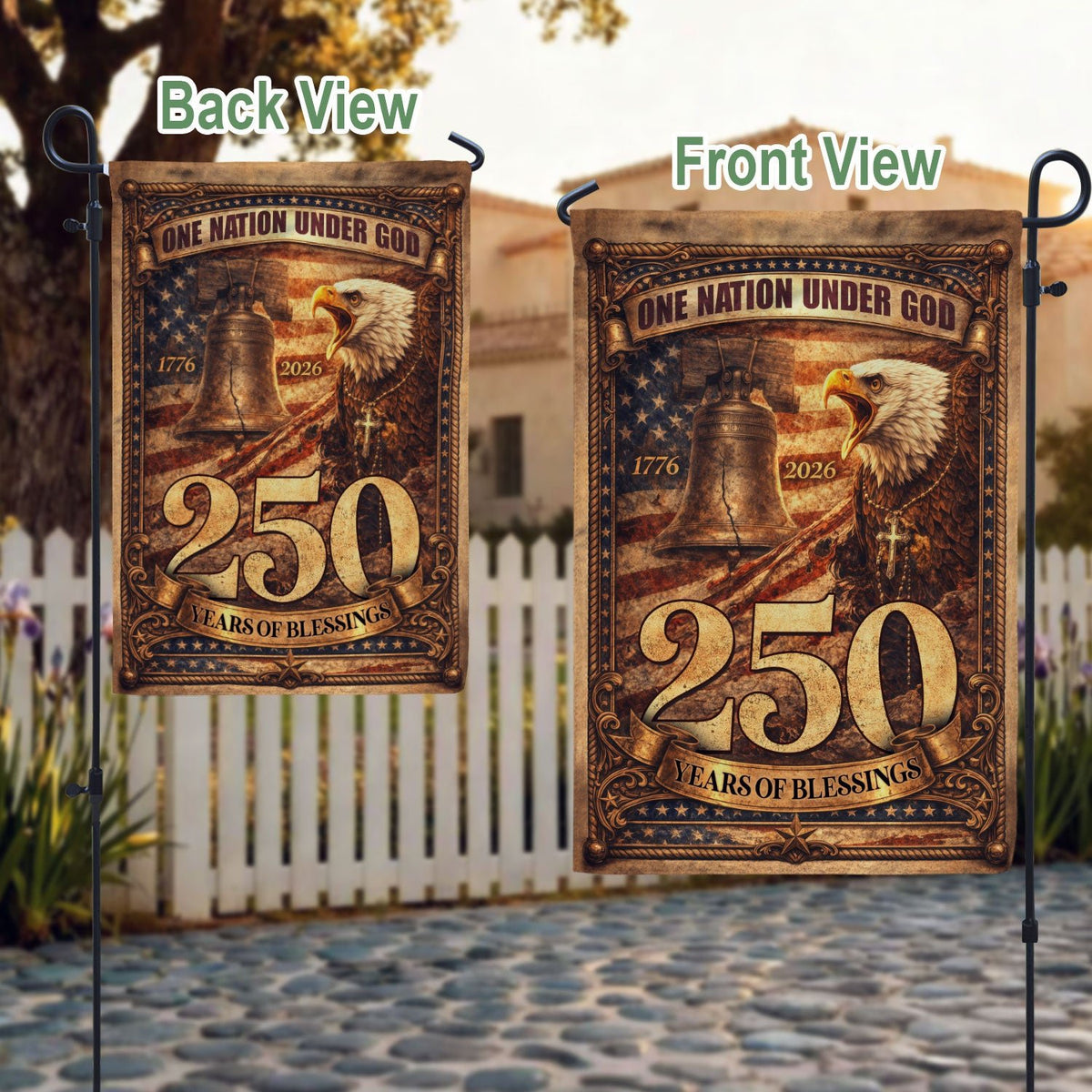 1776-2026 Anniversary Garden Flag 250 Years of Blessings One Nation Under God Eagle - Rust Field Wear