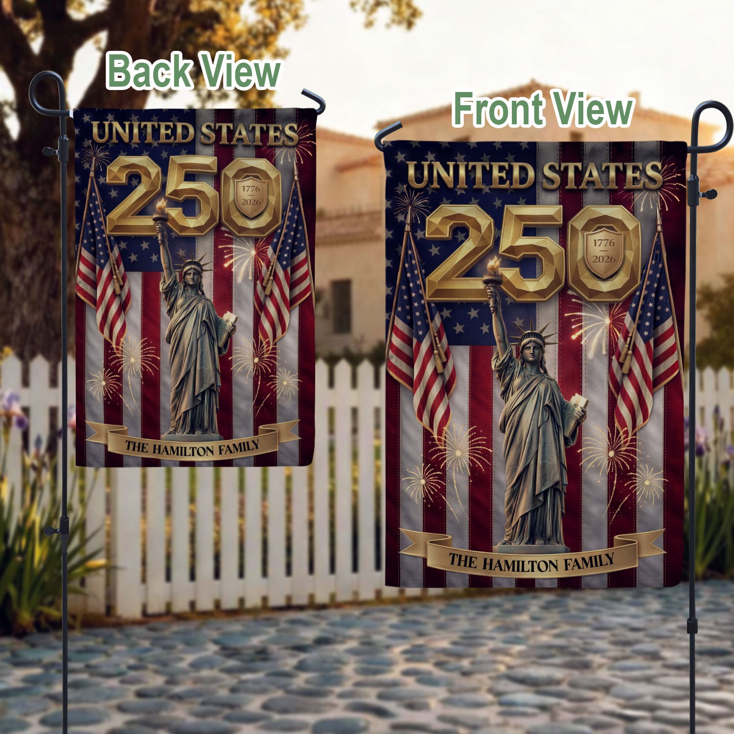 Custom Family Name United States 250 Years Statue of Liberty Patriot Garden Flag Banner - Rust Field Wear