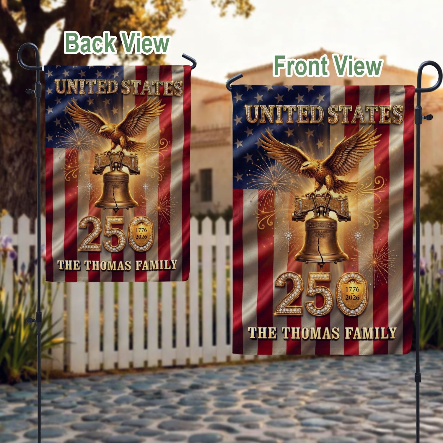 Custom Family Name United States 250 Years Liberty Bell Patriot Eagle Garden Flag - Rust Field Wear