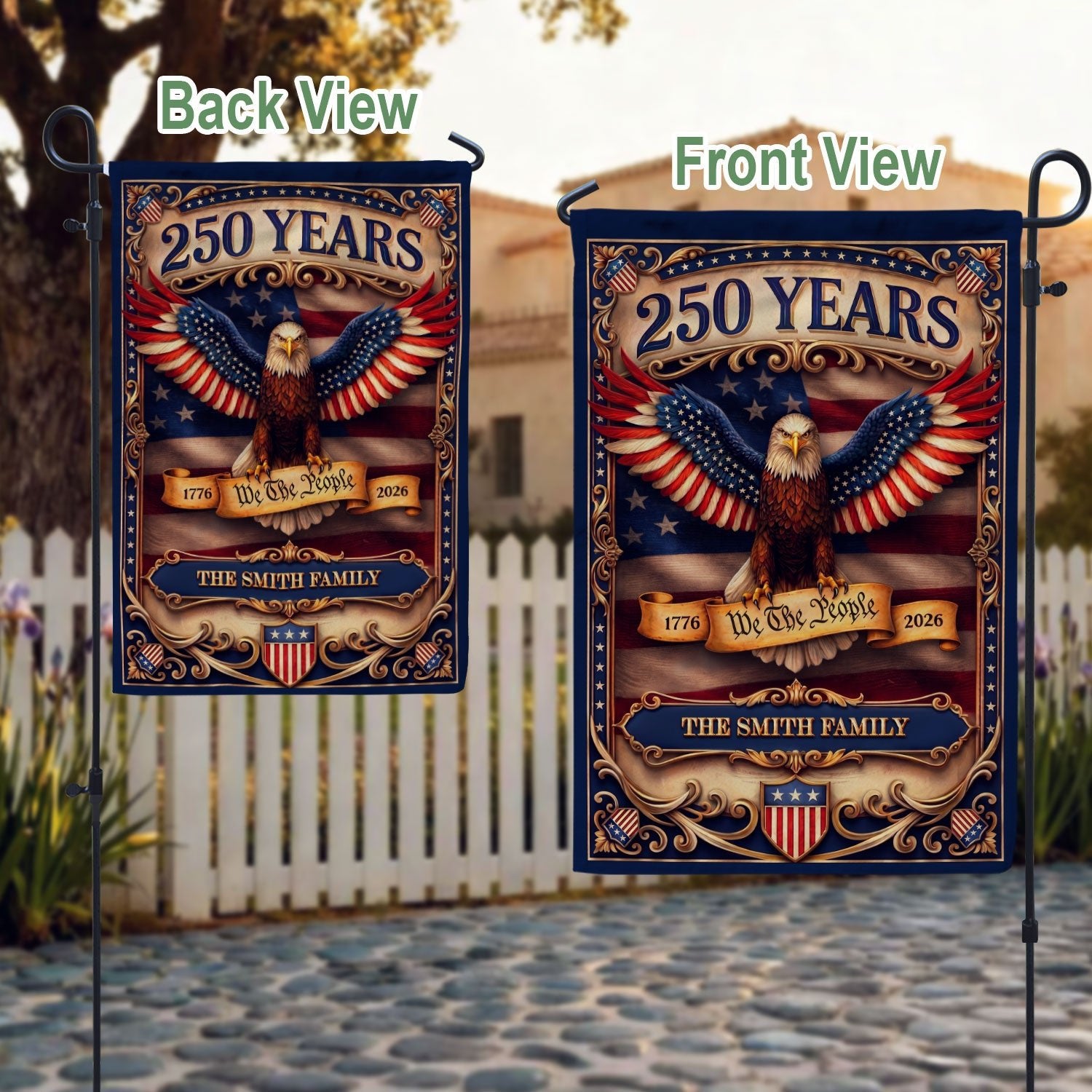 Custom Family Name 250 Years We The People Patriot Eagle Garden Flag Banner - Rust Field Wear