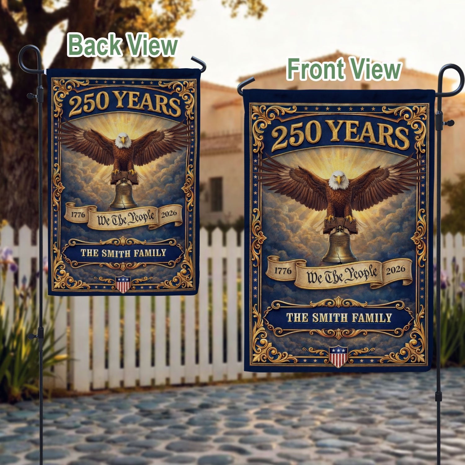 250 Years 1776-2026 Custom Family Name We The People Liberty Bell Patriot Eagle Garden Flag - Rust Field Wear