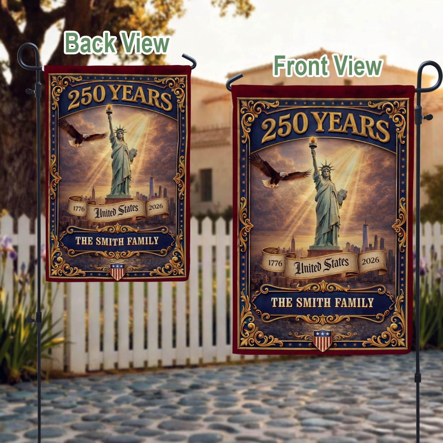 Custom Family Name 250 Years United States Statue of Liberty Patriot Garden Flag - Rust Field Wear