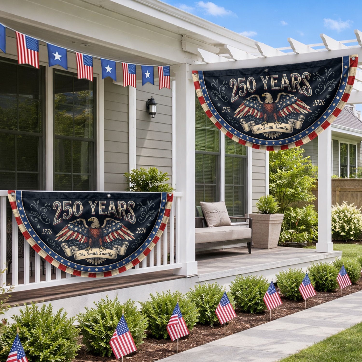 250 Years 1776-2026 Patriotic Fence Flag - Custom Family Name Eagle Outdoor Banner