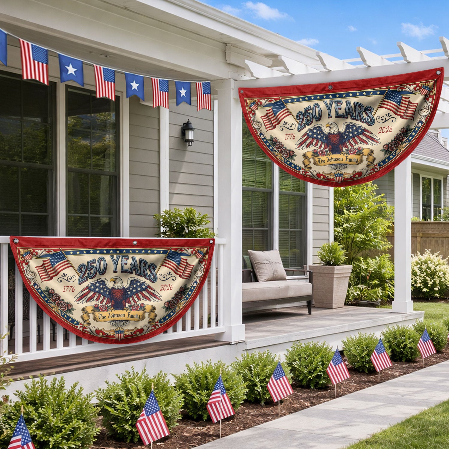 250 Years 1776-2026 American Anniversary Fence Flag - Custom Family Name Patriot Bunting