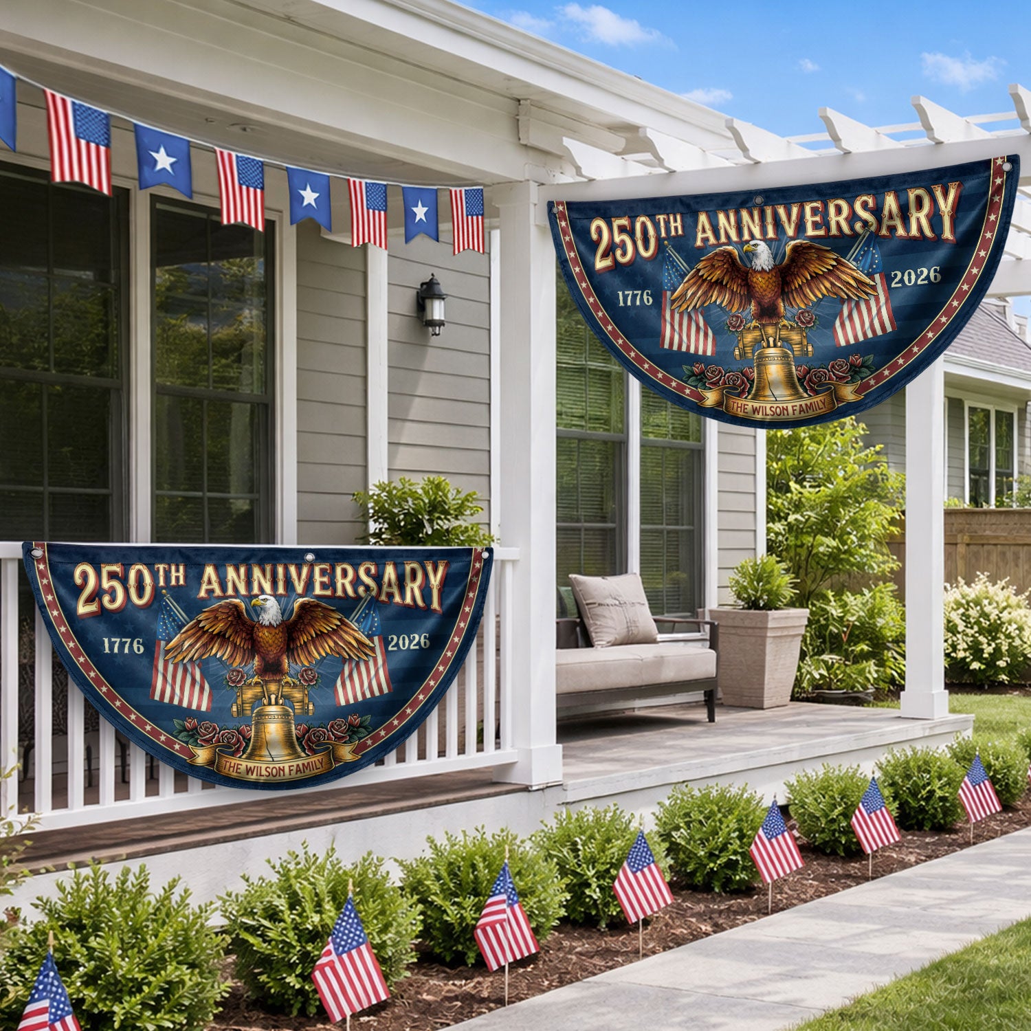 250th Anniversary 1776-2026 Liberty Bell Custom Family Name Patriot Fence Flag Banner