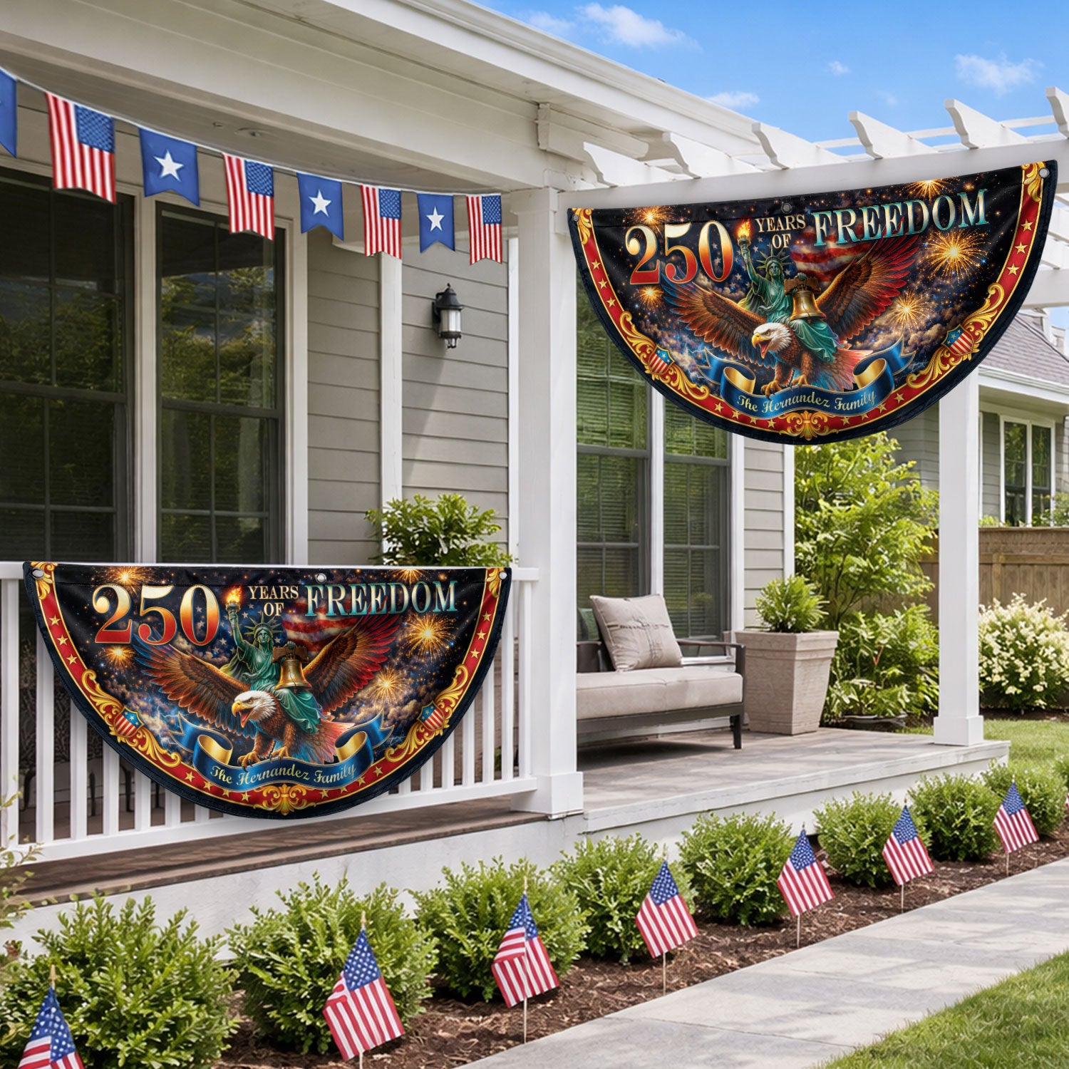 250 Years of Freedom Custom Family Name Patriot Fence Flag - Outdoor Bunting Banner