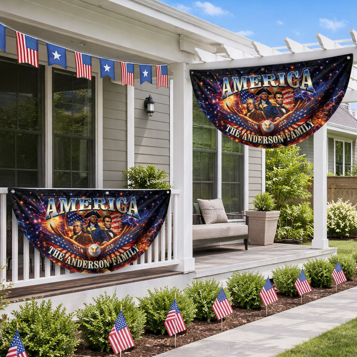 Custom Family Name America 1776-2026 Historical Founding Fathers Patriot Fence Flag - Rust Field Wear