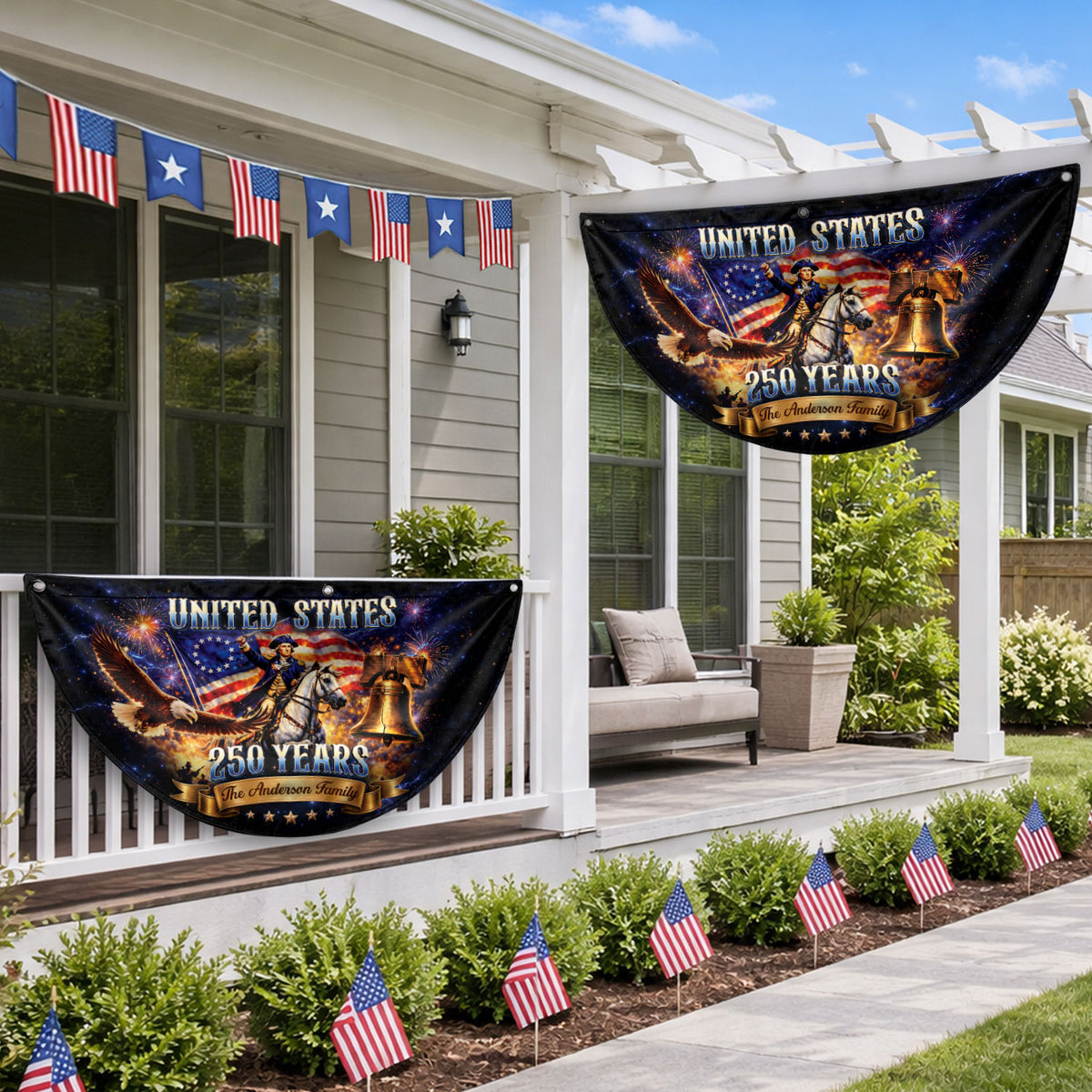 Custom Family Name United States 250 Years George Washington Patriot Eagle Fence Flag - Rust Field Wear