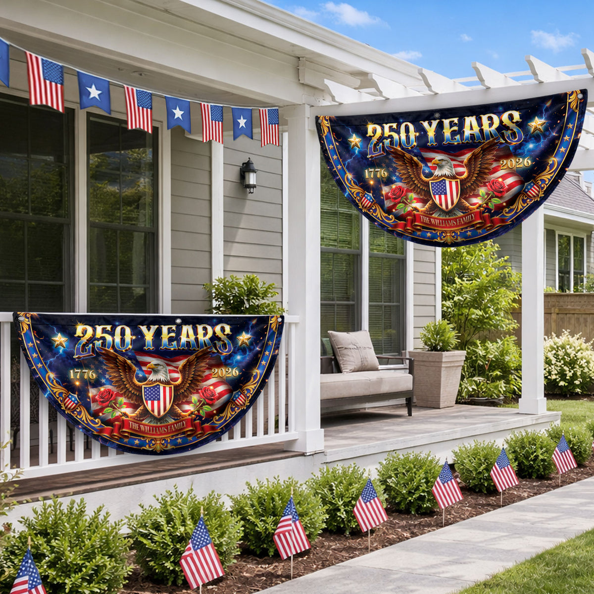 250 Years 1776-2026 Custom Family Name Patriot Eagle Shield Fence Flag Bunting Banner - Rust Field Wear