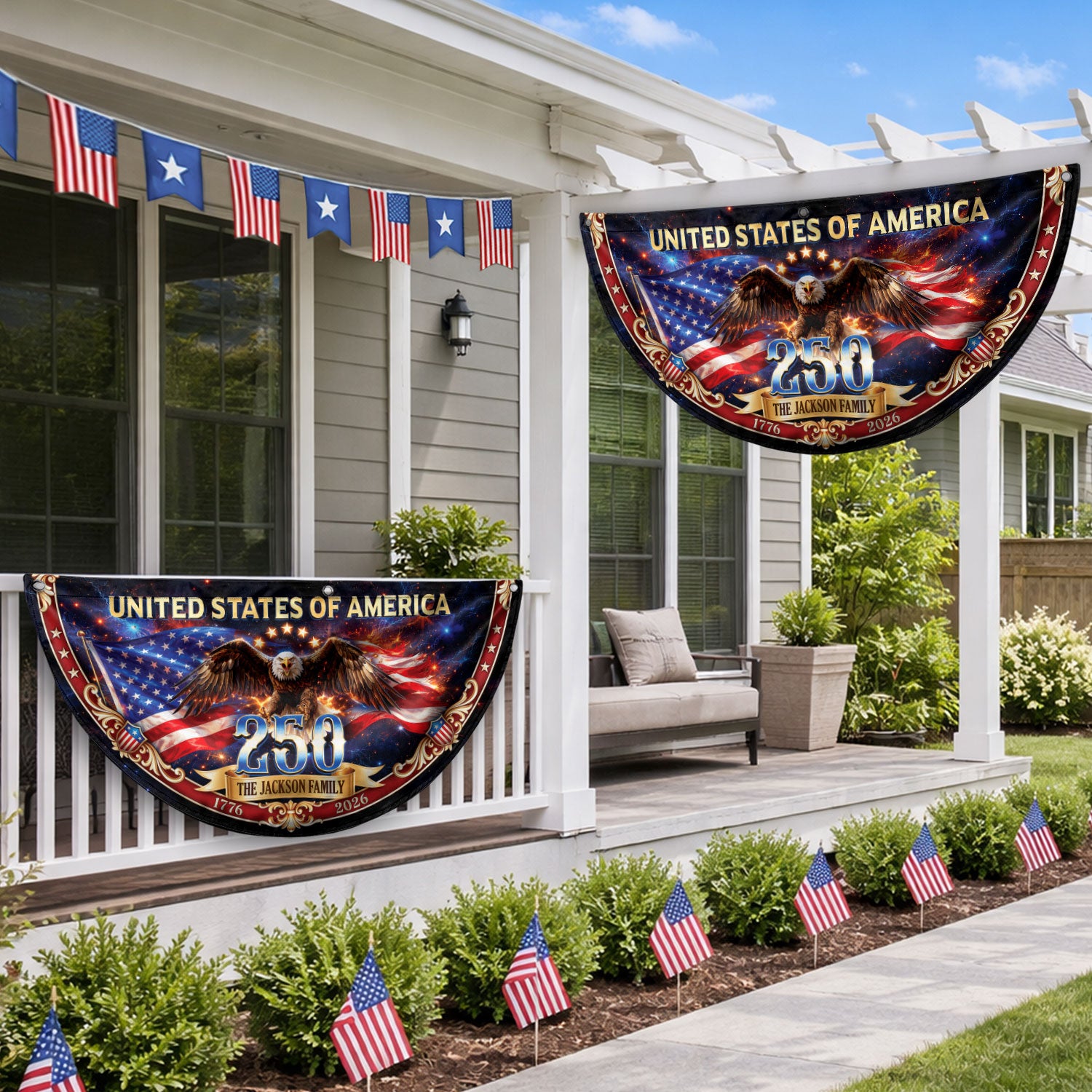 United States 250 Years Custom Family Name Fence Flag - 1776-2026 Patriot Bunting Decor