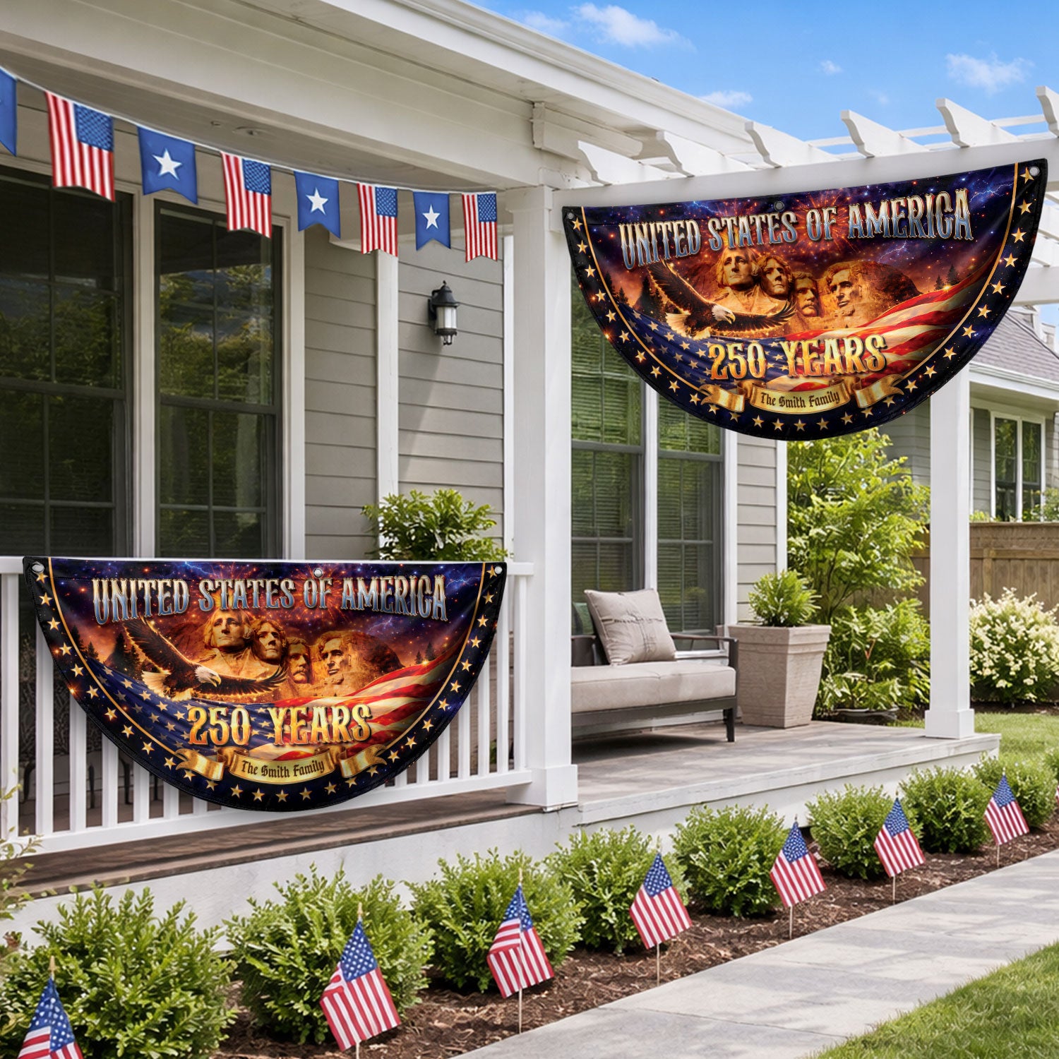 Custom Family Name United States 250 Years Mount Rushmore Patriot Bunting Fence Flag