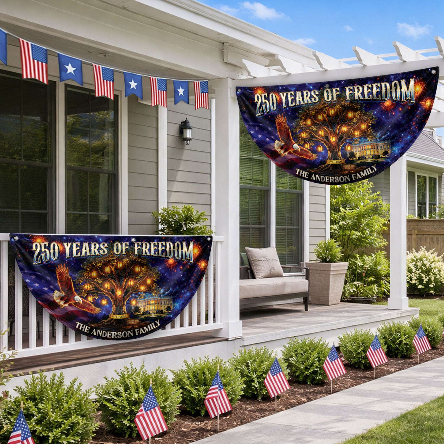 Custom Family Name 250 Years of Freedom Liberty Tree 1776-2026 Patriot Fence Flag Banner