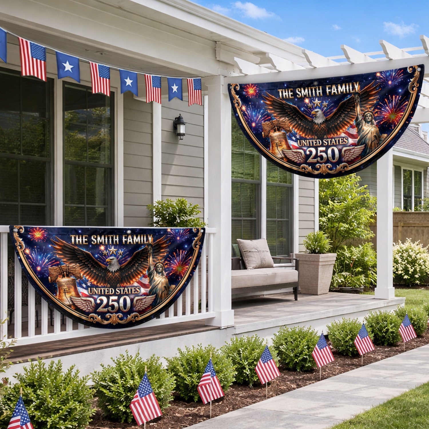 Personalized Family Name 1776-2026 United States Patriot Eagle Statue of Liberty Fence Flag - Rust Field Wear