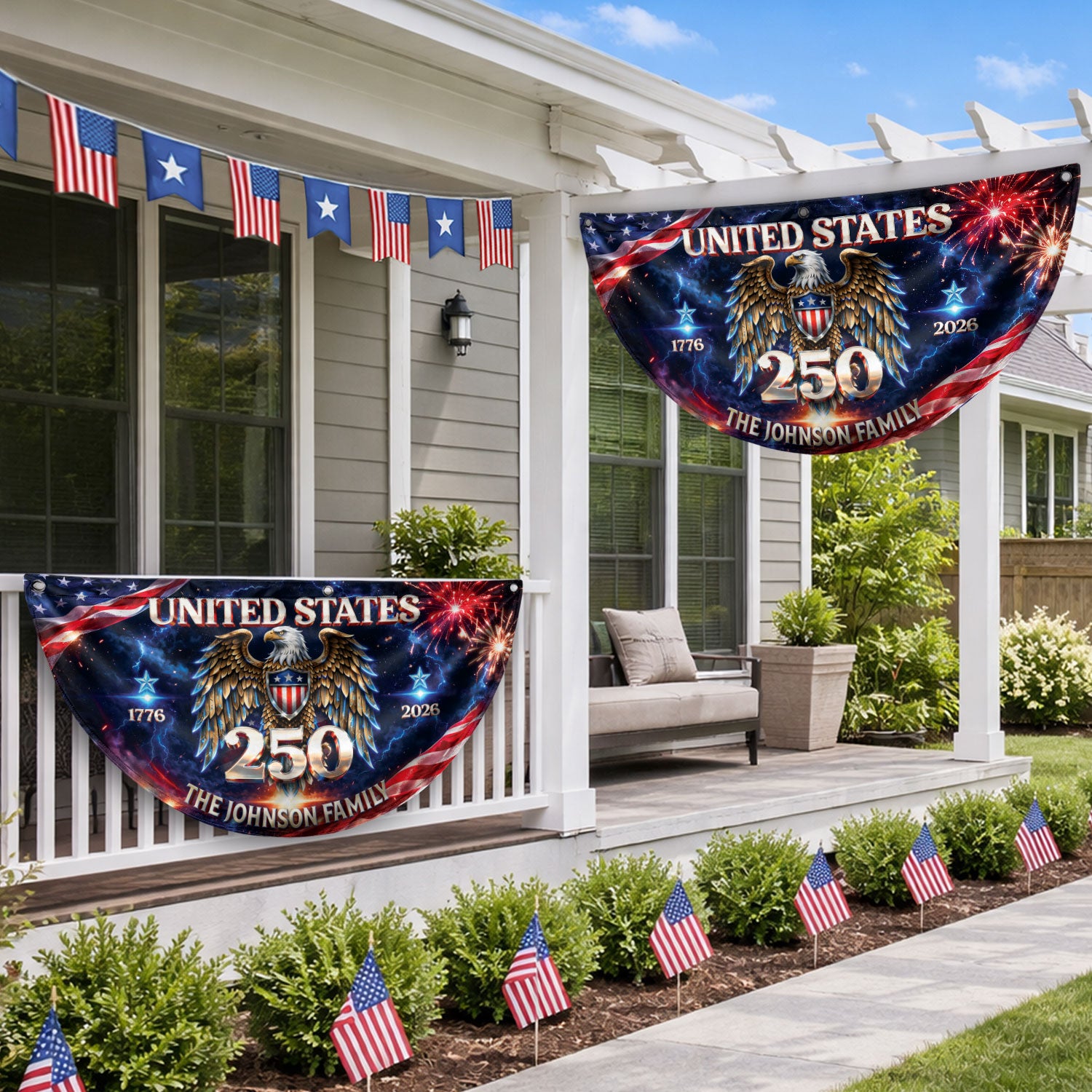 Custom Family Name United States 250 Years Patriot Eagle 1776-2026 Bunting Fence Flag - Rust Field Wear