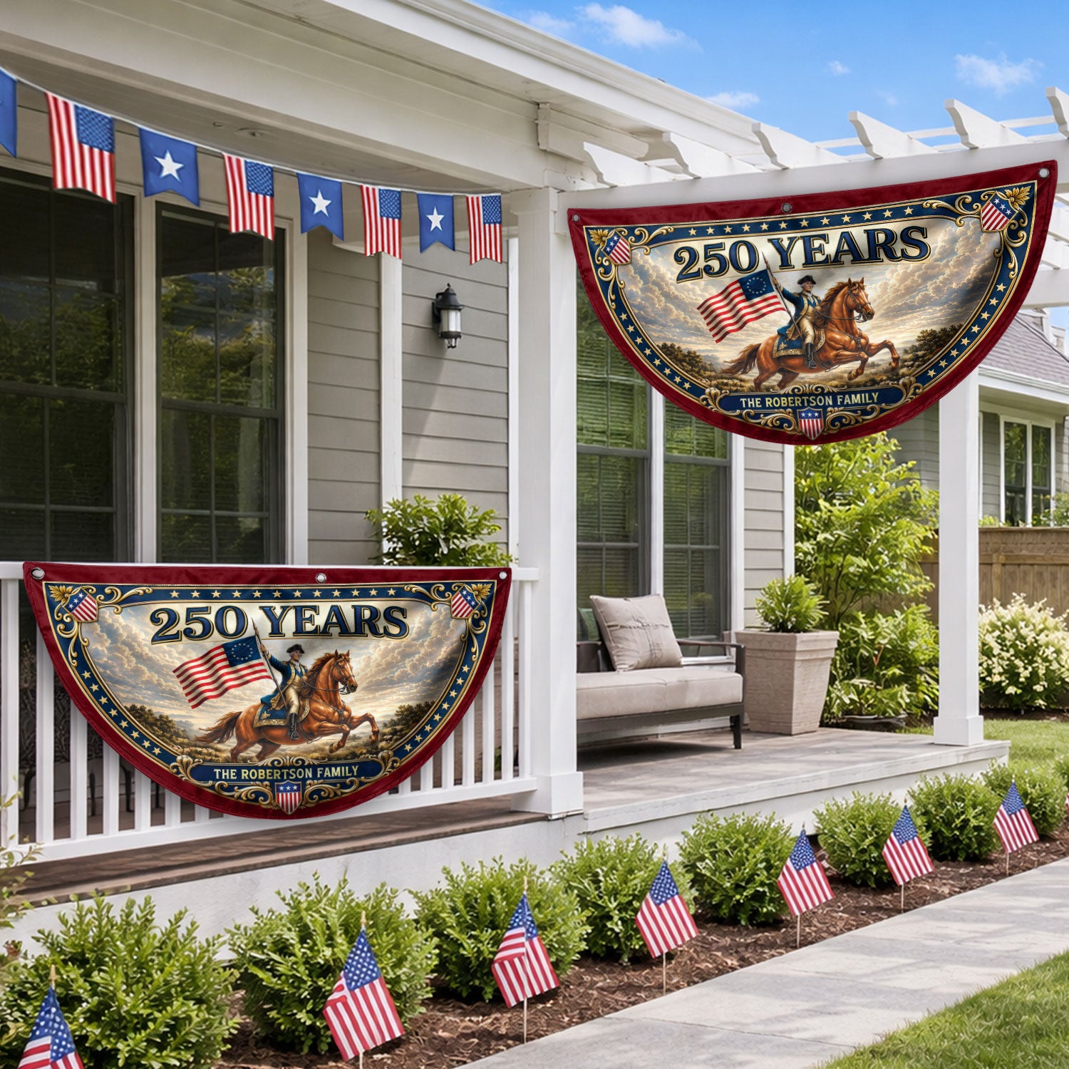 Custom Family Name 250 Years United States George Washington Patriot Bunting Fence Flag - Rust Field Wear