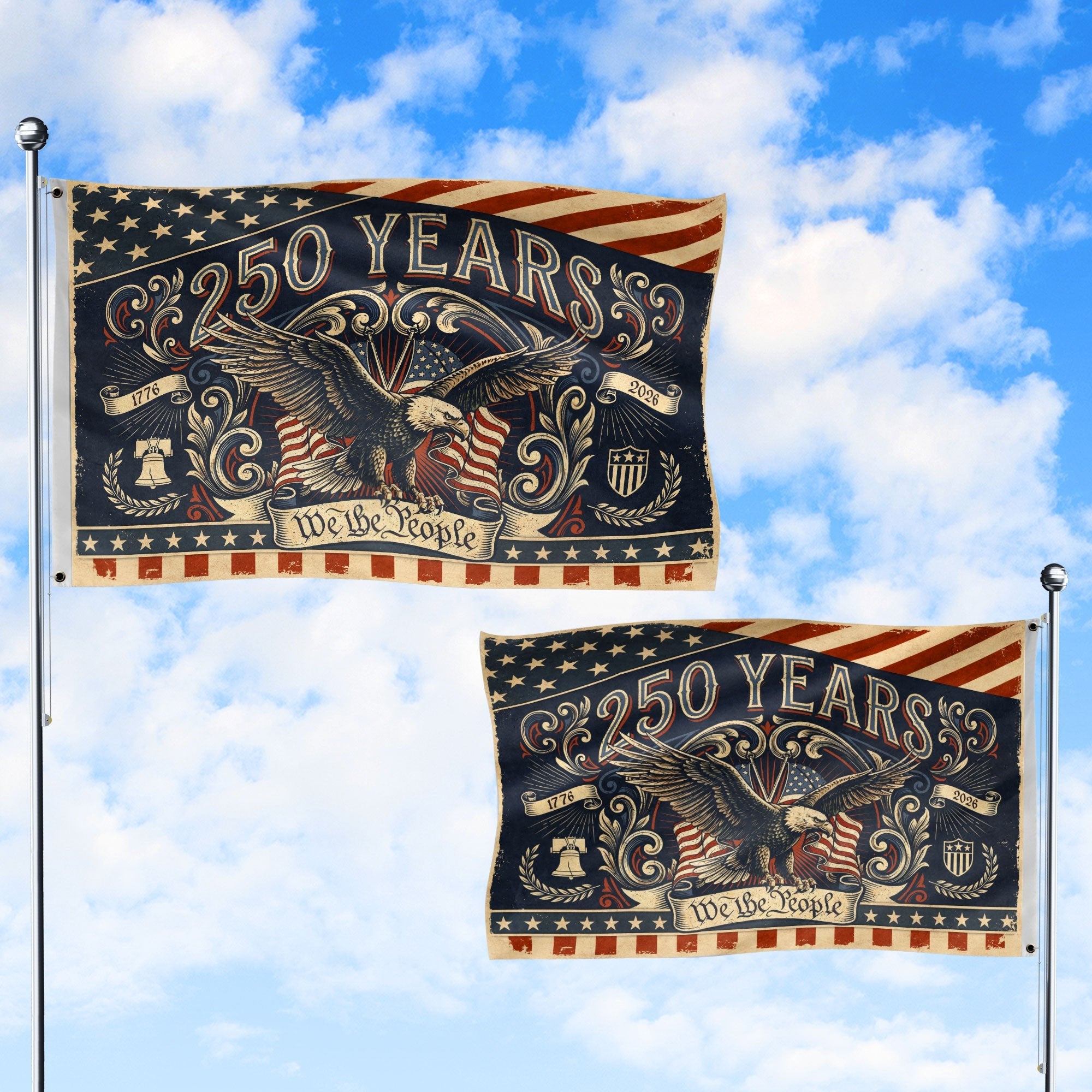 250 Years We The People Flag 1776-2026 Vintage American Eagle Liberty Bell Banner - Rust Field Wear