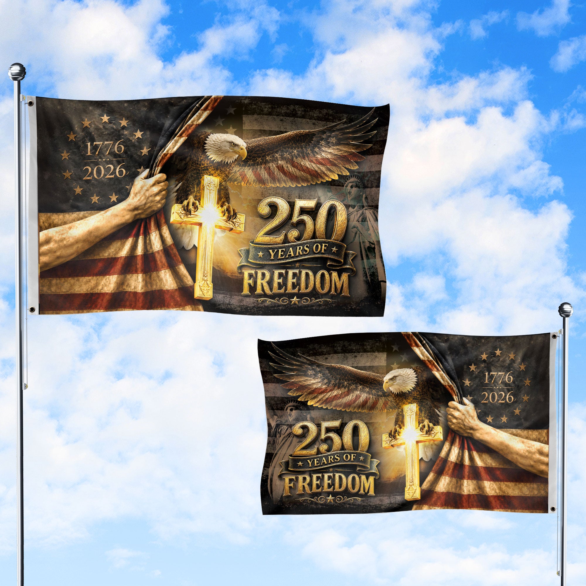 250 Years of Freedom Flag 1776-2026 Patriotic Bald Eagle Cross Liberty US Banner - Rust Field Wear