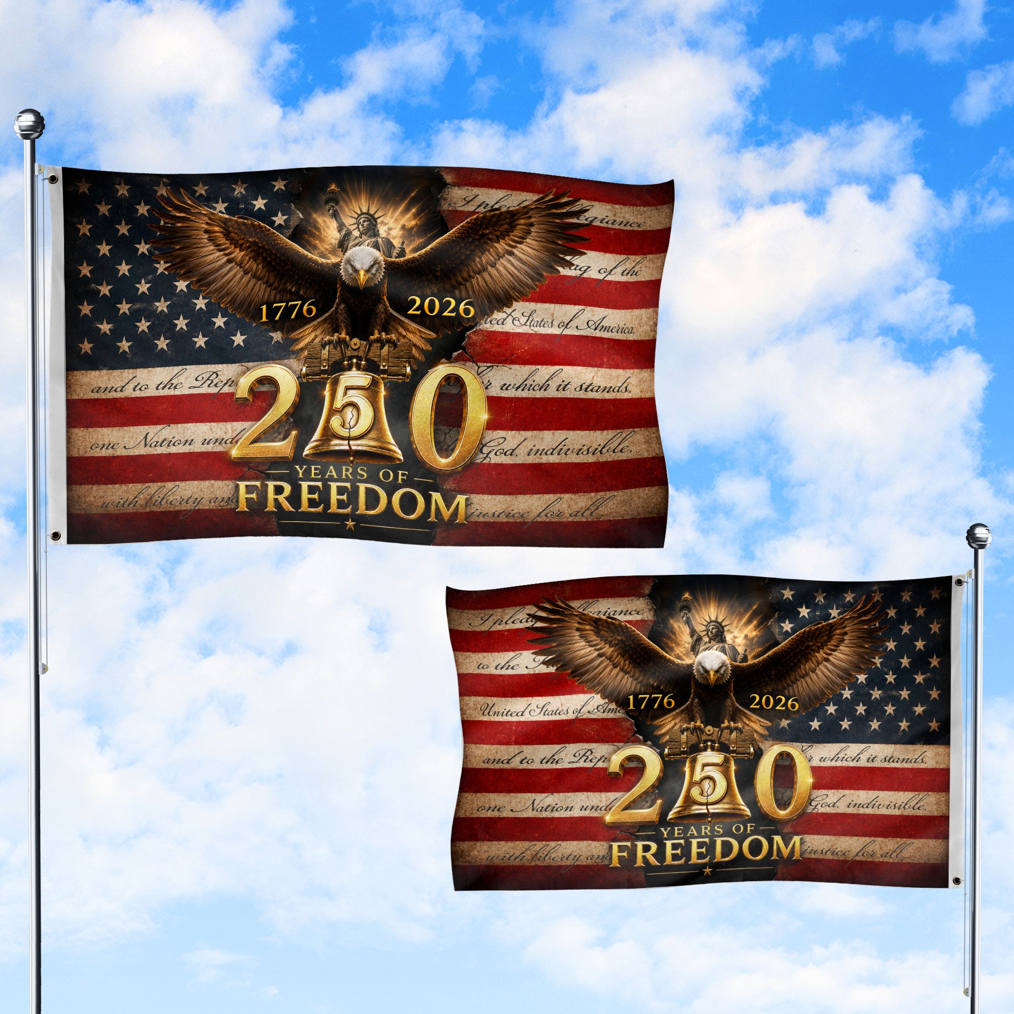 250 Years of Freedom Flag 1776-2026 Eagle Liberty Bell Statue of Liberty US Banner - Rust Field Wear
