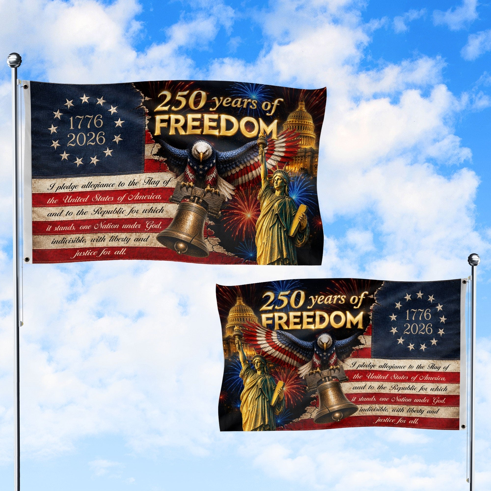 250 Years of Freedom Flag 1776-2026 Pledge of Allegiance Statue of Liberty US Banner - Rust Field Wear
