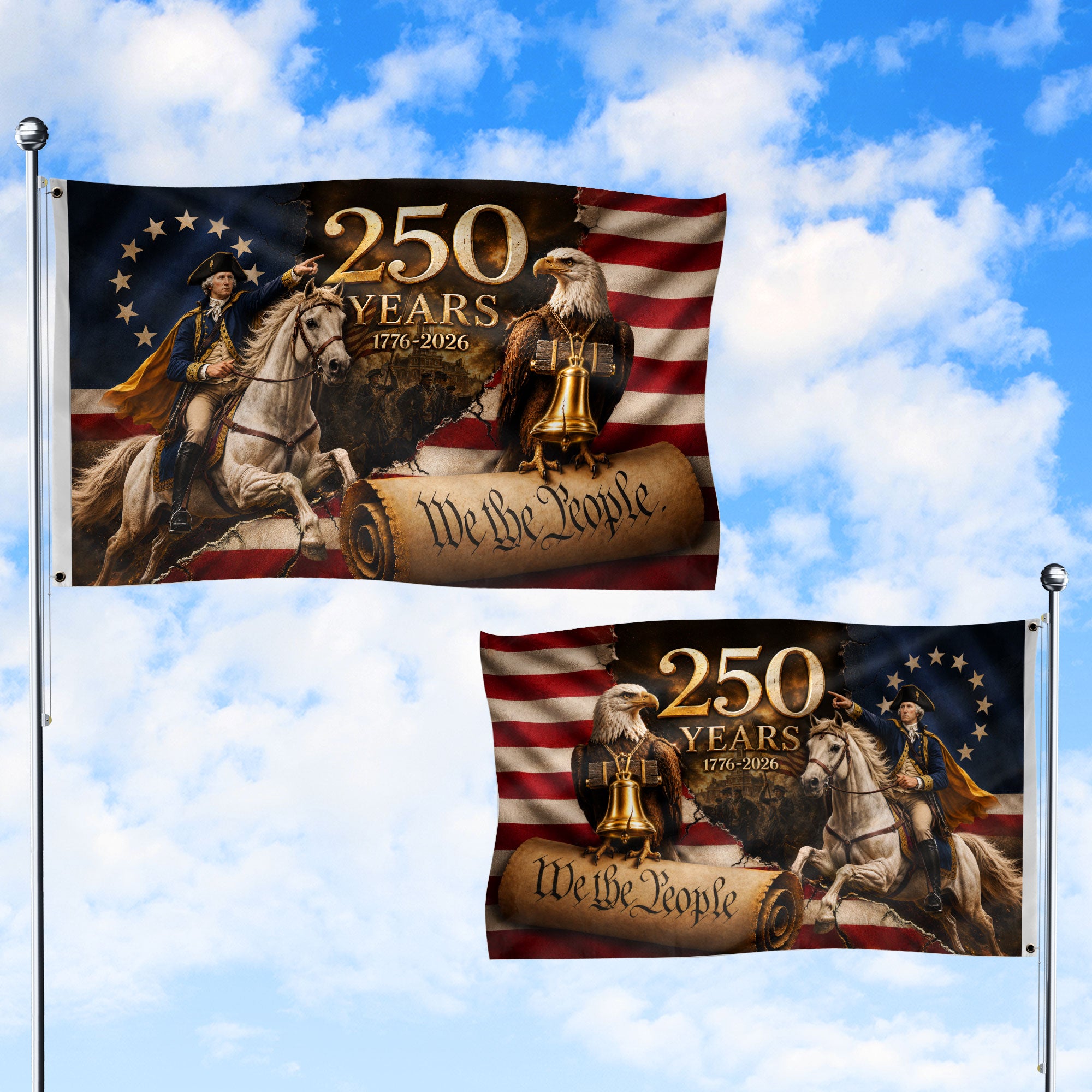 250 Years US Flag George Washington Eagle Liberty Bell 1776-2026 We The People Banner - Rust Field Wear