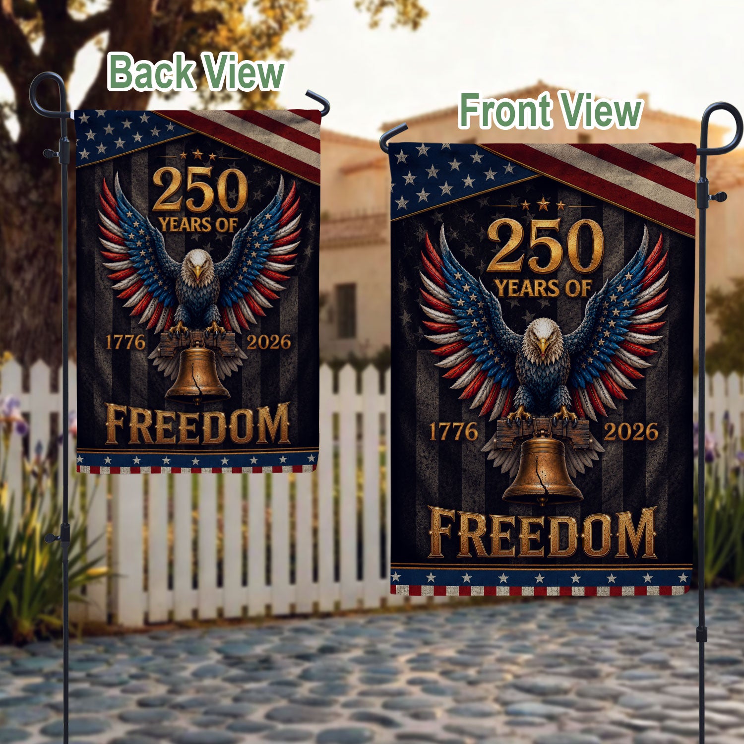 250 Years of Freedom House Flag Patriotic Eagle Liberty Bell USA Decor - Rust Field Wear