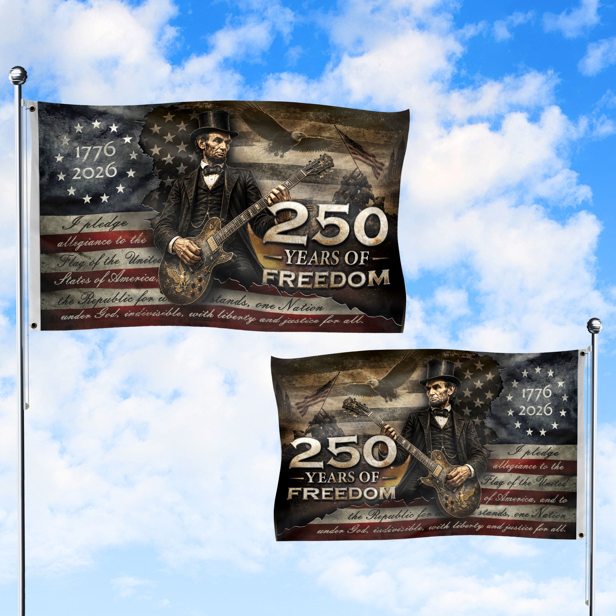 250 Years of Freedom Flag 1776-2026 Abraham Lincoln Guitar Eagle Patriotic US Banner - Rust Field Wear