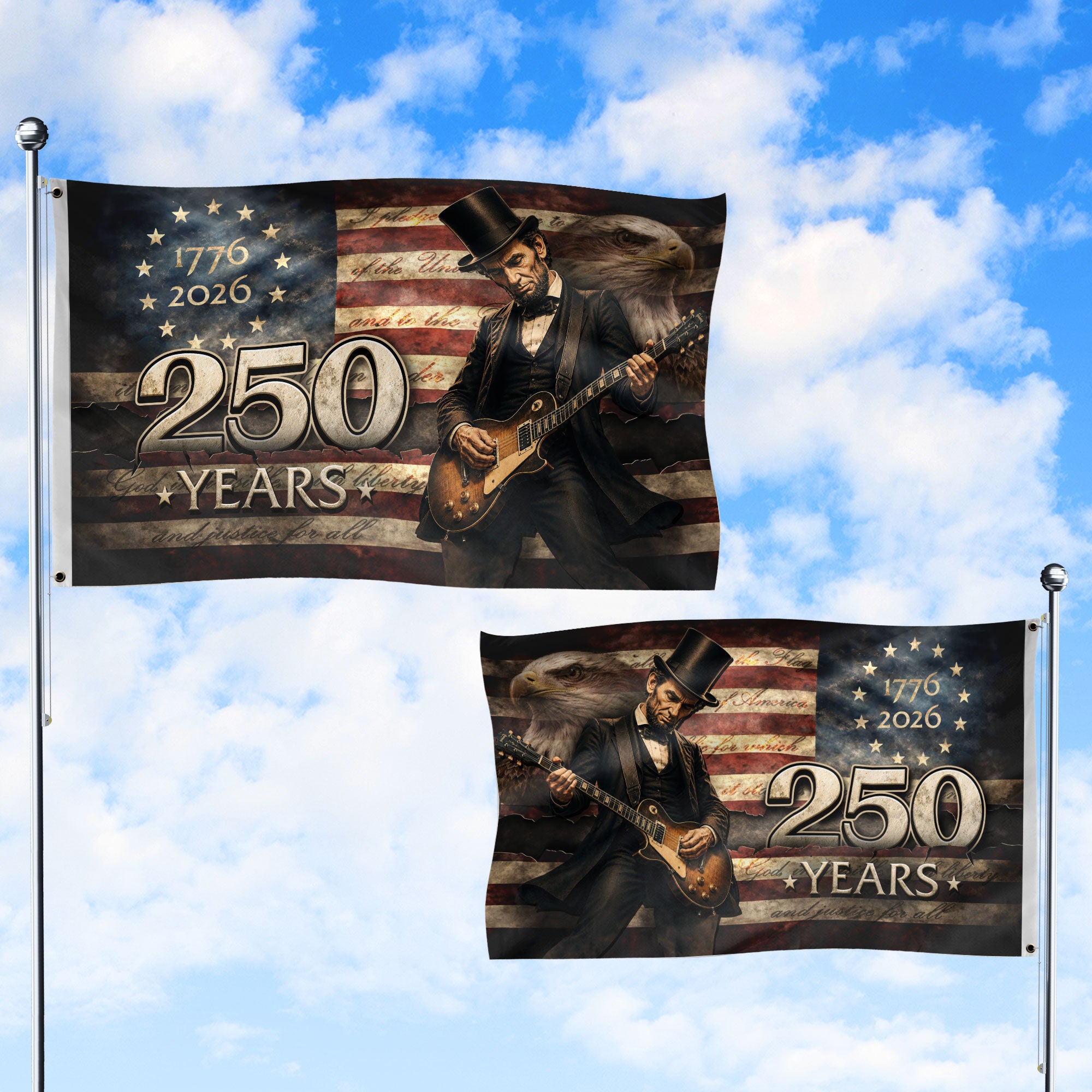 Patriotic 250 Years of Freedom Flag 1776-2026 Abraham Lincoln Guitar Bald Eagle US Banner - Rust Field Wear