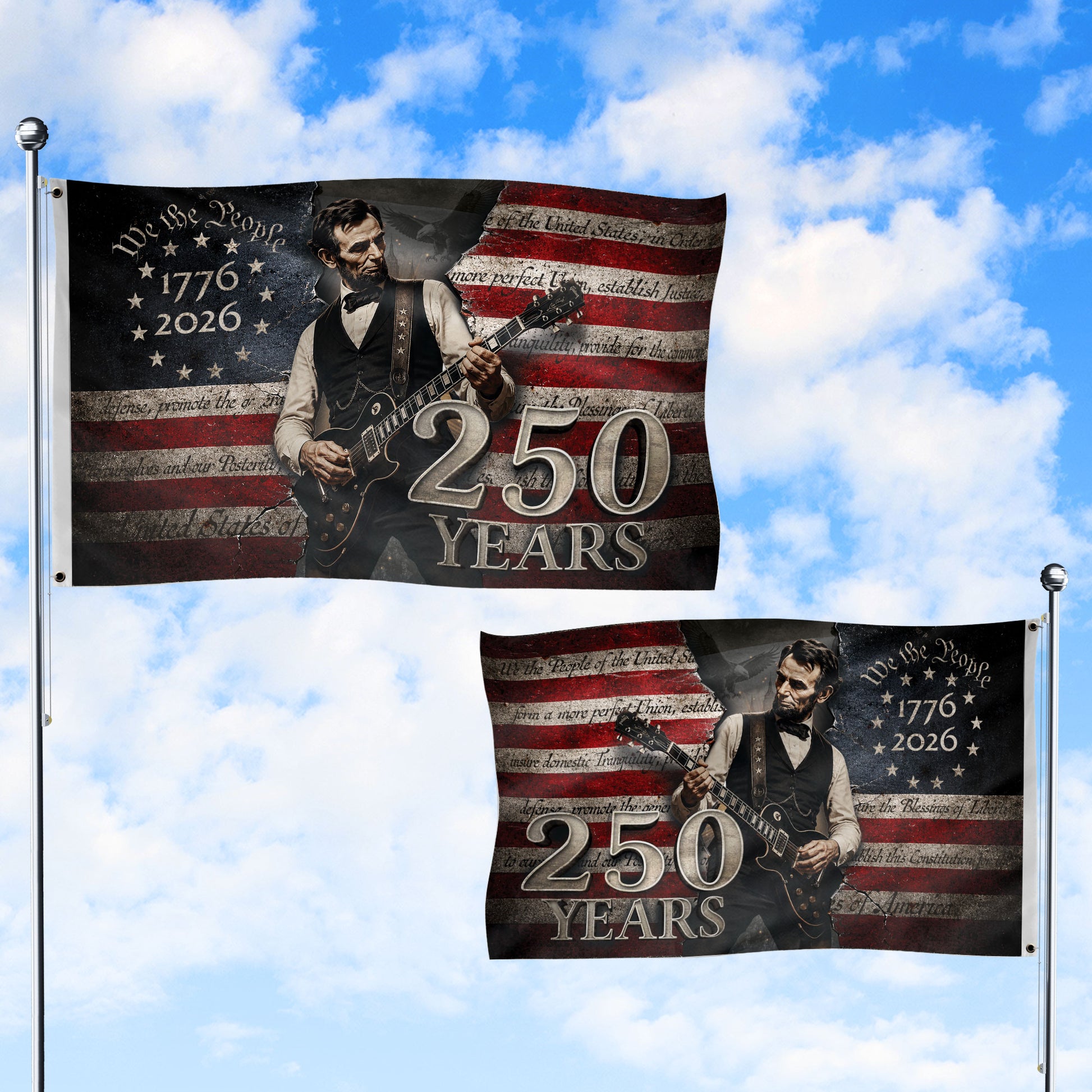 250 Years of Freedom Flag 1776-2026 Abraham Lincoln Guitar Patriotic US Banner We the People Decor - Rust Field Wear