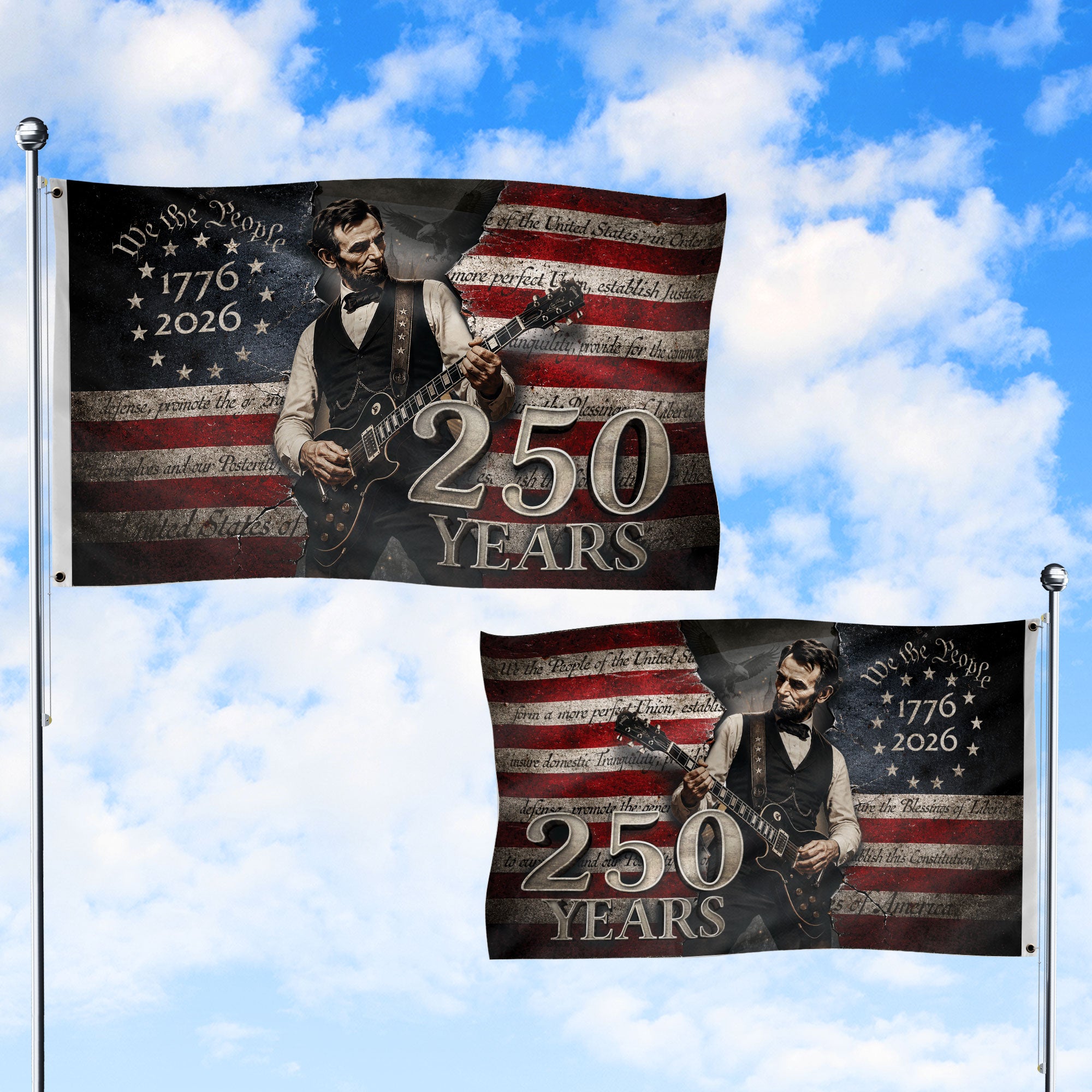 250 Years of Freedom Flag 1776-2026 Abraham Lincoln Guitar Patriotic US Banner We the People Decor - Rust Field Wear