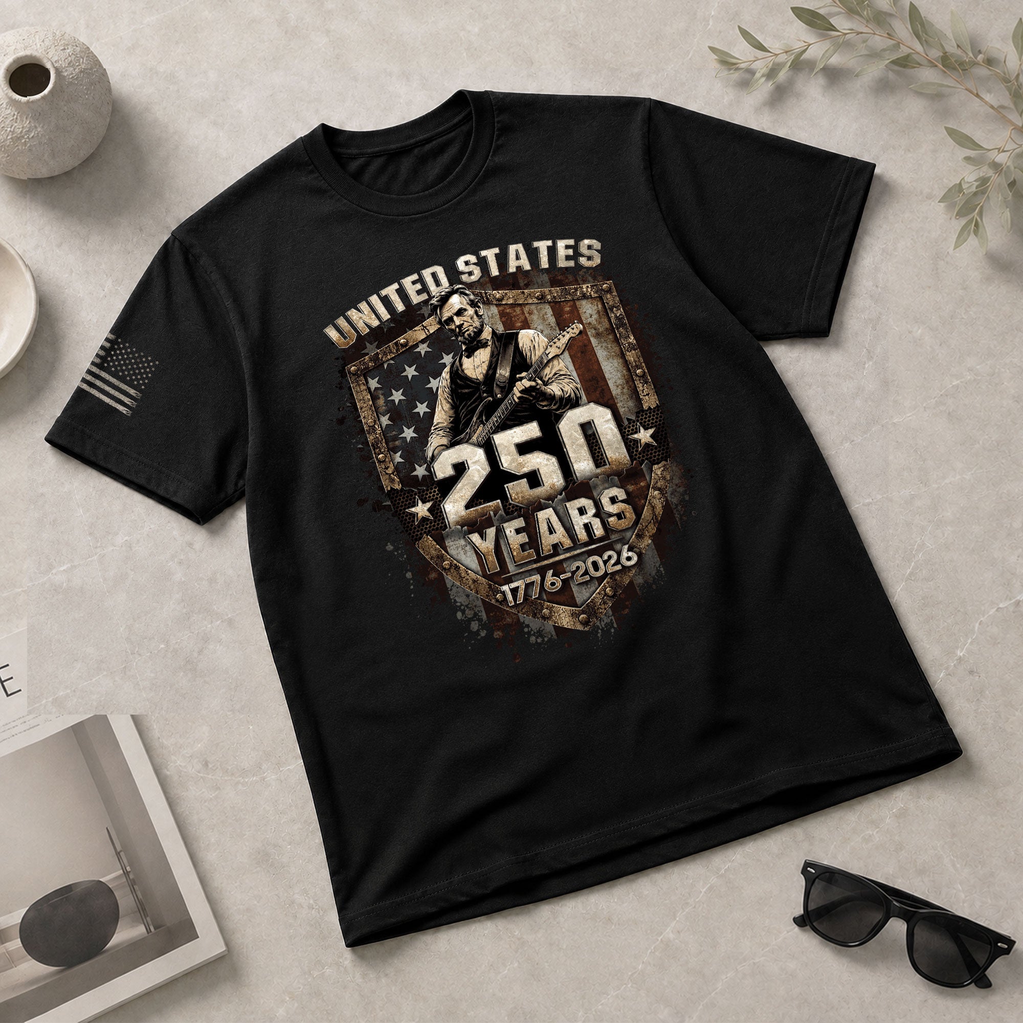 Rustic Shield Lincoln Guitar Shirt Vintage 1776 2026 US Flag Patriotic Grunge Men Tee - Rust Field Wear