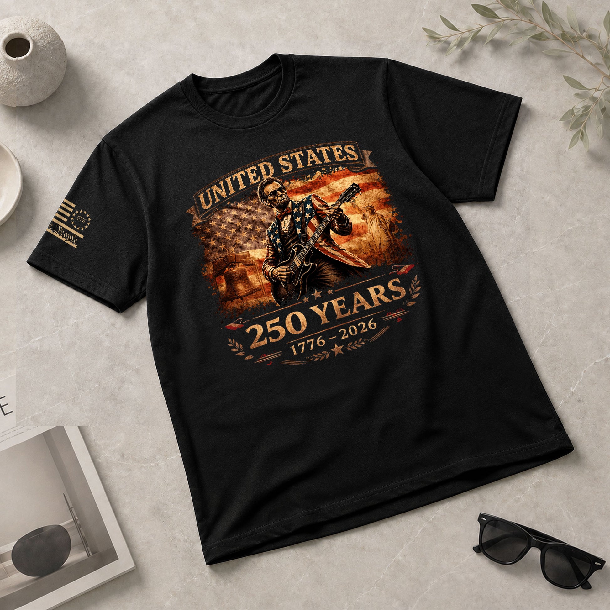 Flag Jacket Lincoln Guitar Shirt Sunglasses Liberty Bell Patriotic 1776 2026 Men Tee - Rust Field Wear