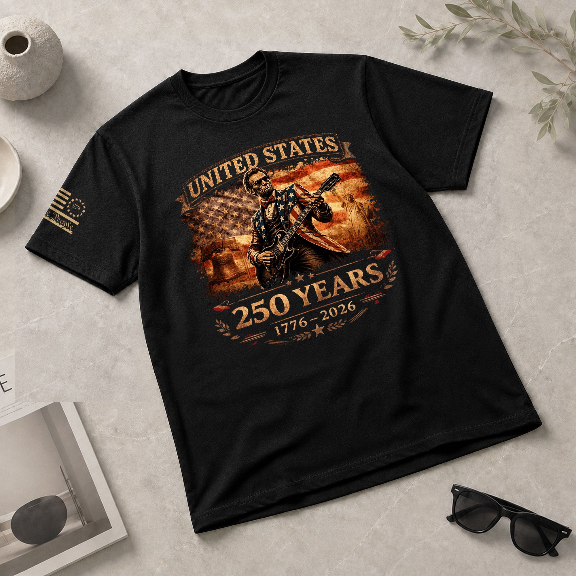 Flag Jacket Lincoln Guitar Shirt Sunglasses Liberty Bell Patriotic 1776 2026 Men Tee - Rust Field Wear