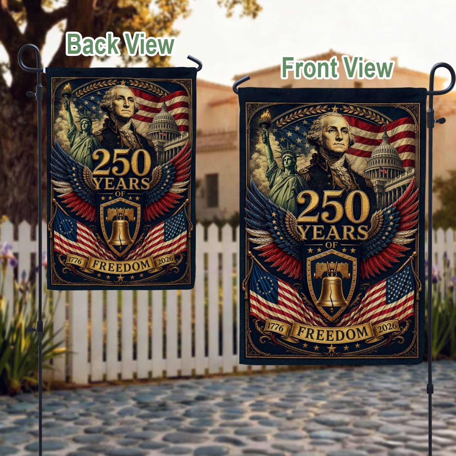 USA 250th Anniversary House Flag 1776-2026 Patriotic George Washington Liberty Icons Banner - Rust Field Wear