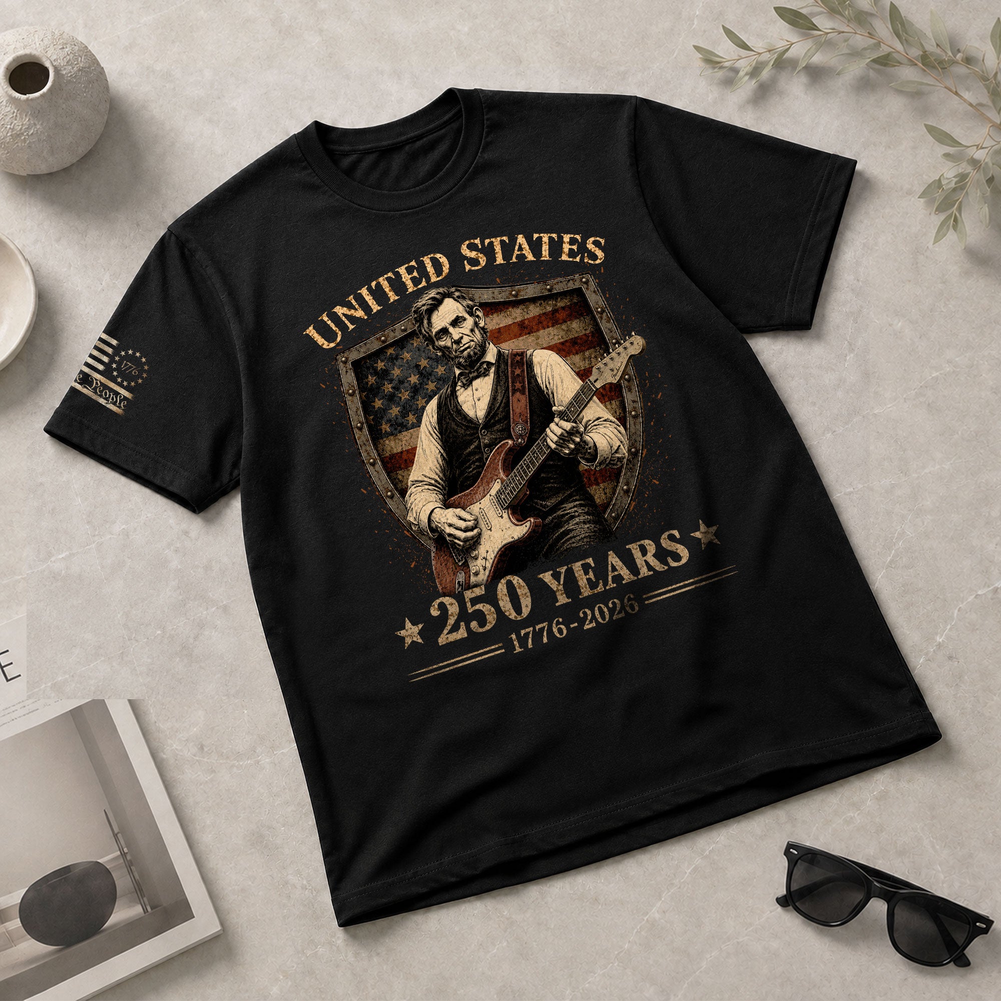 Patriotic Shield Lincoln Guitar Shirt We The People Vintage 1776 2026 US Flag Men Tee - Rust Field Wear