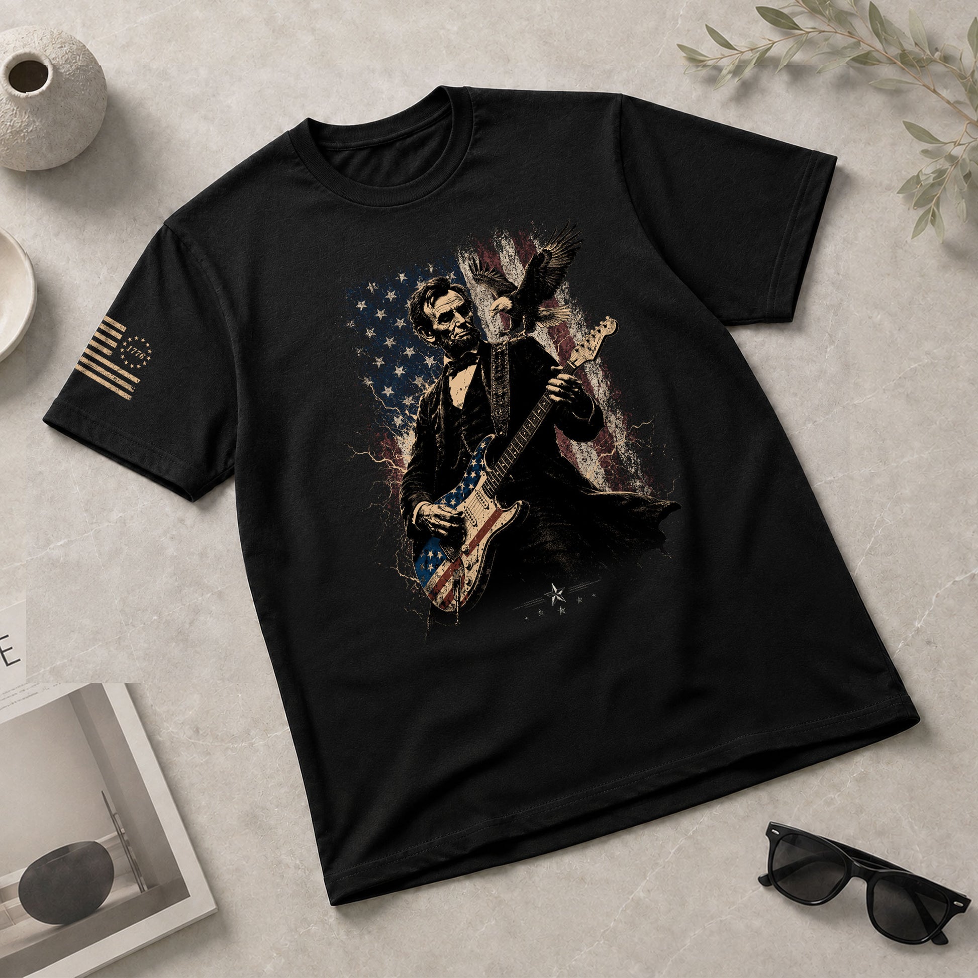 Abraham Lincoln Playing Guitar Shirt Patriotic Eagle US Flag Graphic Tee - Rust Field Wear