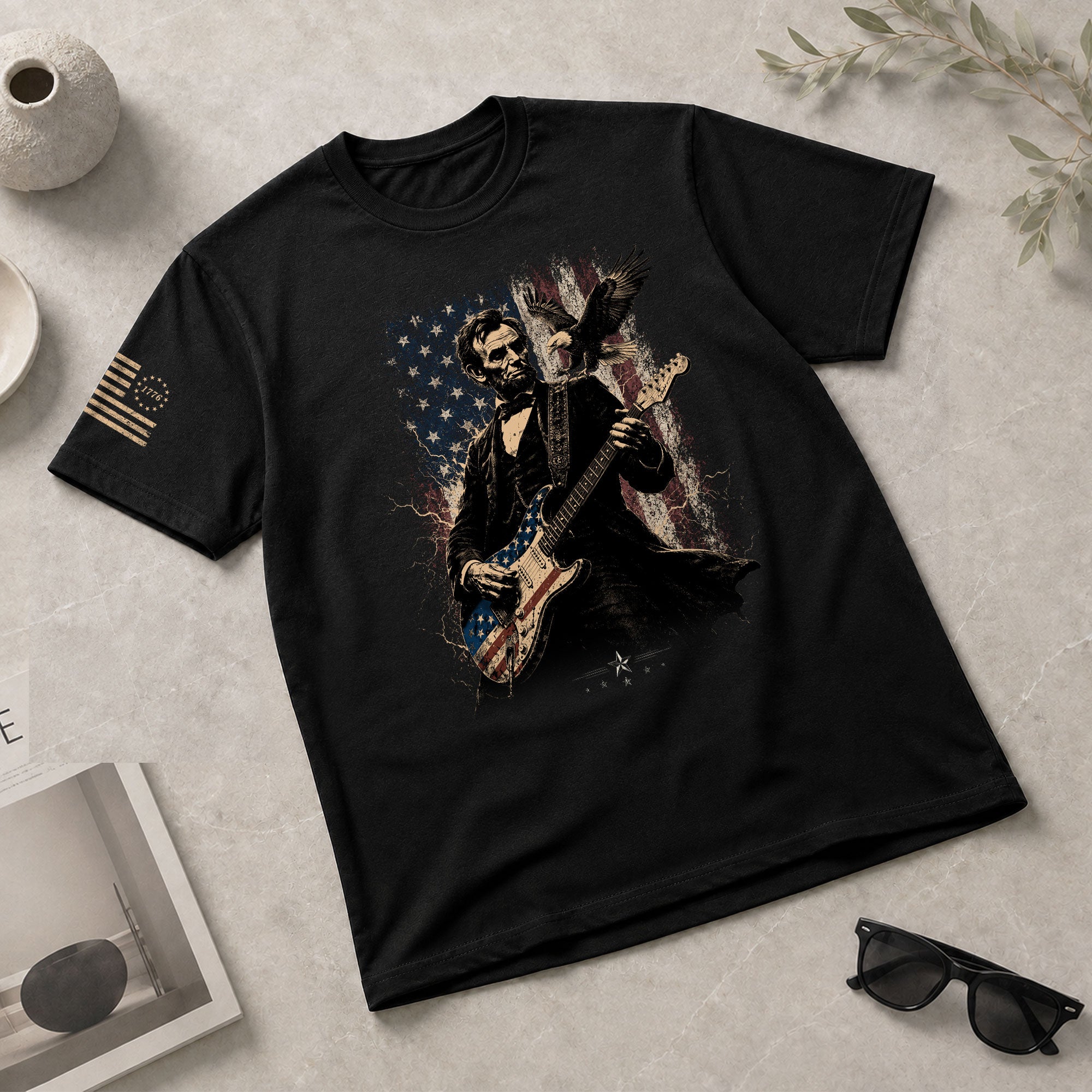Abraham Lincoln Playing Guitar Shirt Patriotic Eagle US Flag Graphic Tee - Rust Field Wear