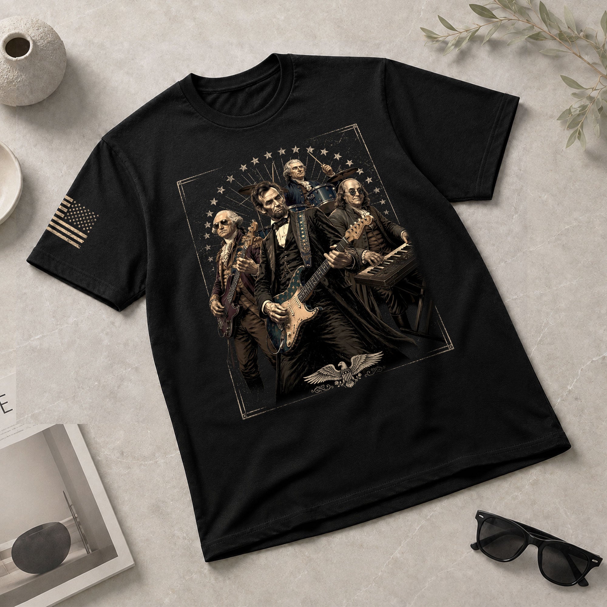 Presidents Rock Band Shirt Funny Patriotic Founding Fathers Graphic Tee - Rust Field Wear