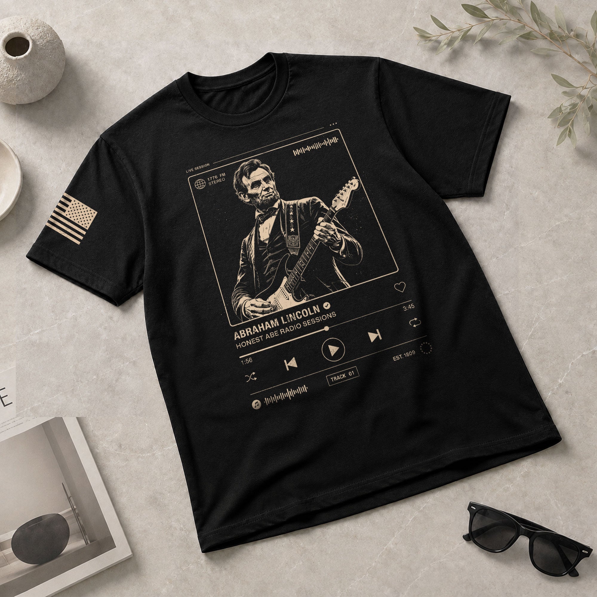 Abraham Lincoln Guitar Shirt Music Player Interface Patriotic Graphic Tee - Rust Field Wear
